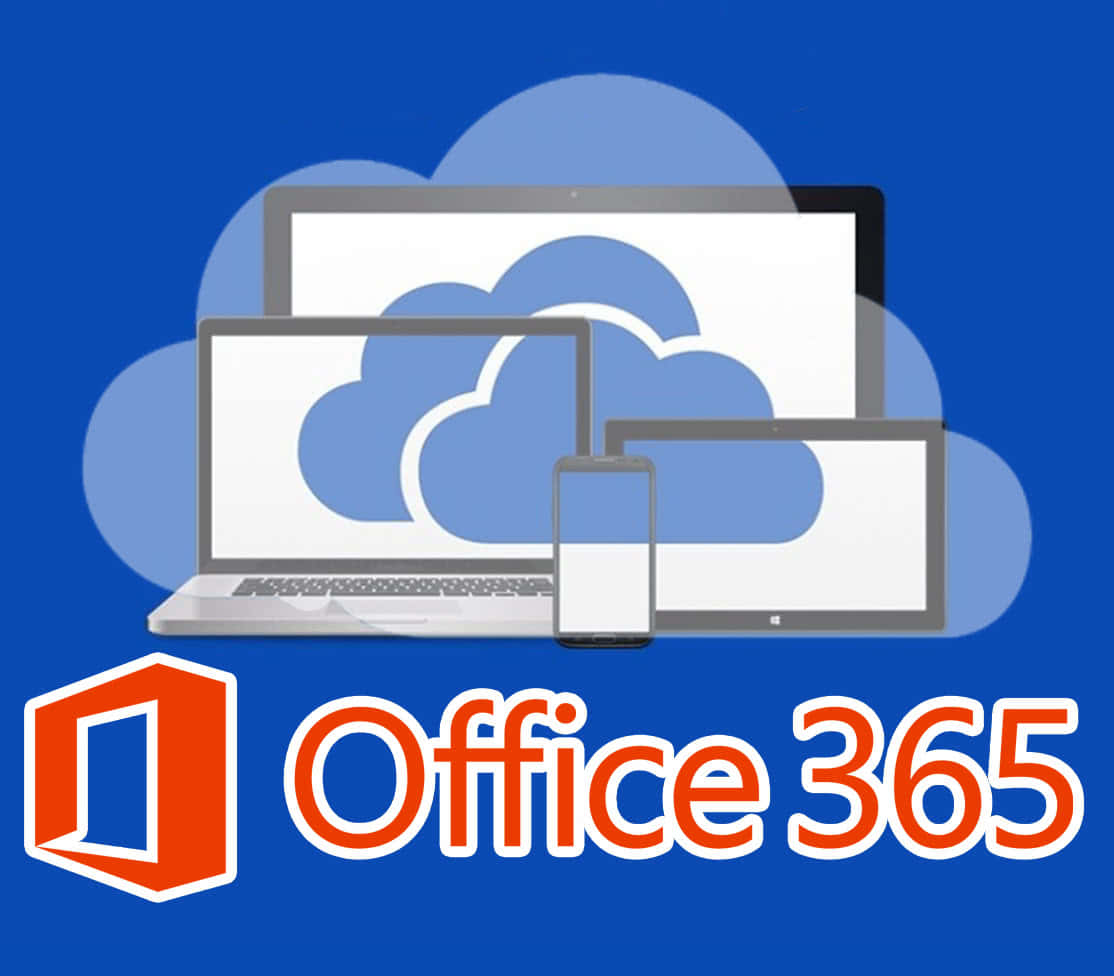 Office 365 桌布 壁紙 — Office 365 標誌帶有雲端圖示，顯示在筆記型電腦、平板電腦和手機上，背景為藍色。