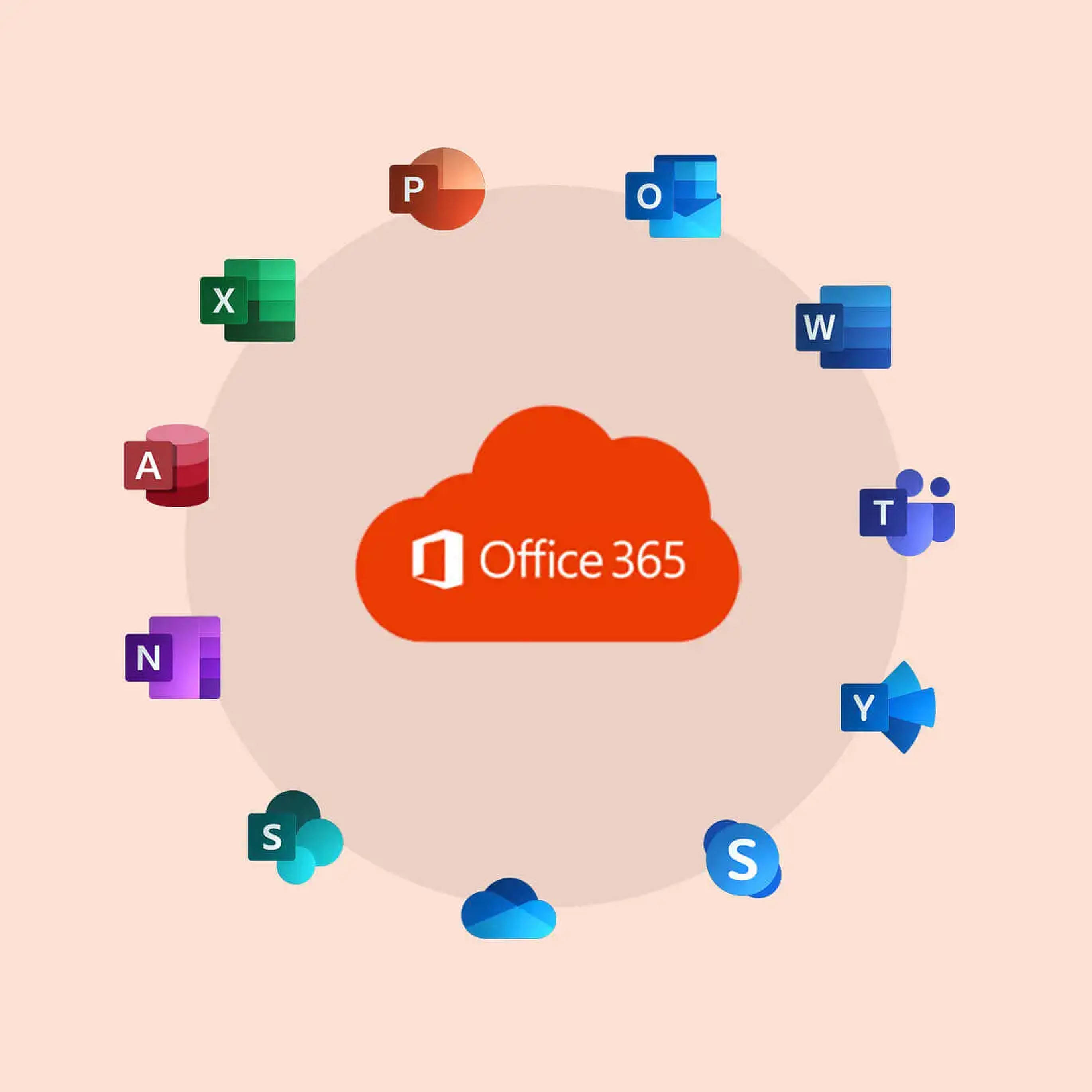 Office 365 桌布 壁紙 — Office 365 雲端圖示被應用程式標誌包圍在柔和蜜桃色背景上。