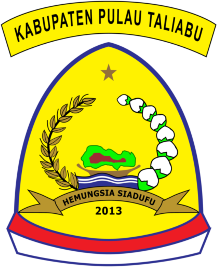 迦樓羅 桌布 壁紙 — Kabupaten Pulau Taliabu 的官方徽章，特色為黃色盾牌、綠色島嶼、白色椰子鏈、金色月桂葉和星星。