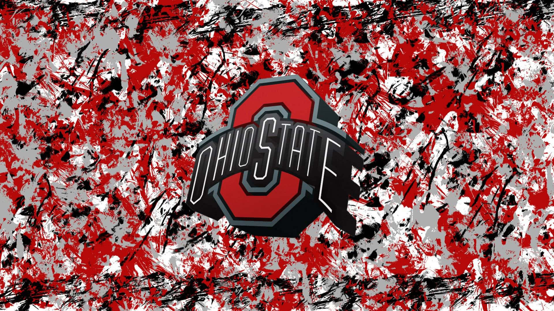 俄亥俄州立大學 桌布 壁紙 — Ohio State 標誌居中於混亂的紅、黑、白潑濺背景上。