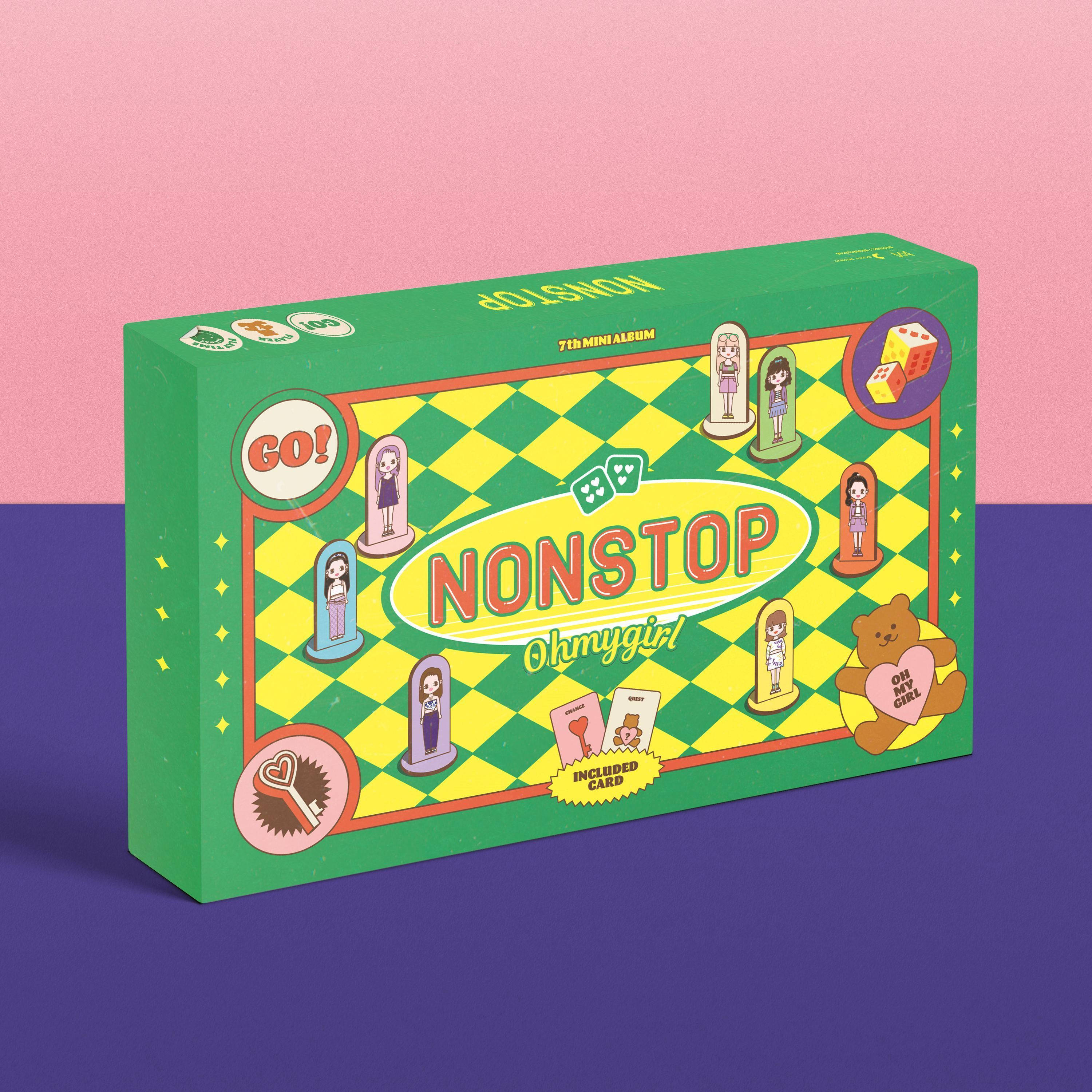 my 桌布 壁紙 — Ohmygirl的《Nonstop》專輯的鮮綠色和黃色棋盤遊戲盒，放在粉紅色和紫色背景前。