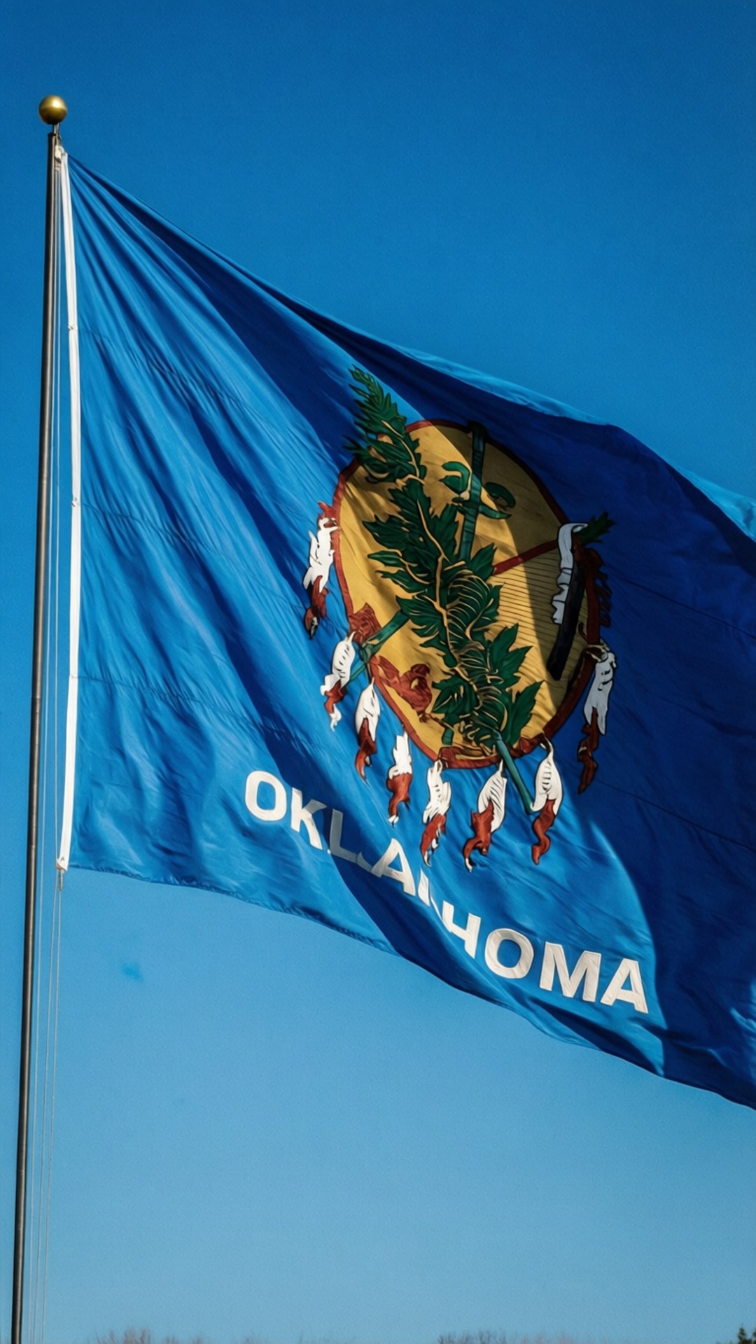 Oklahoma Flag Close-Up 壁紙 — 奧克拉荷馬州旗在晴朗的藍天下大膽飄揚，藍色旗面、金色印章和白色字體捕捉著陽光。