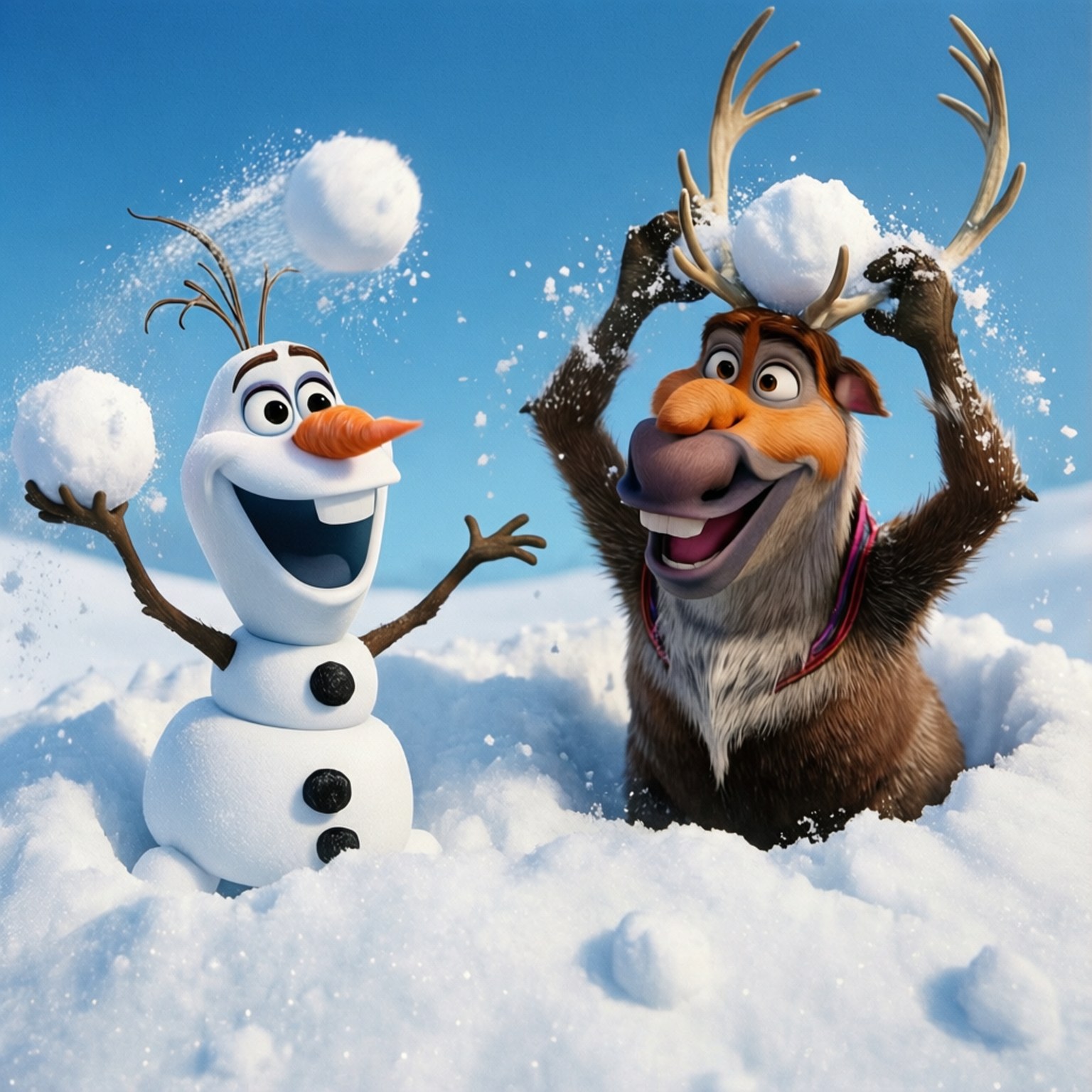 Snowy Fun 壁紙 — Olaf 和一隻馴鹿在明亮的藍色冬日天空中歡快地丟雪球。