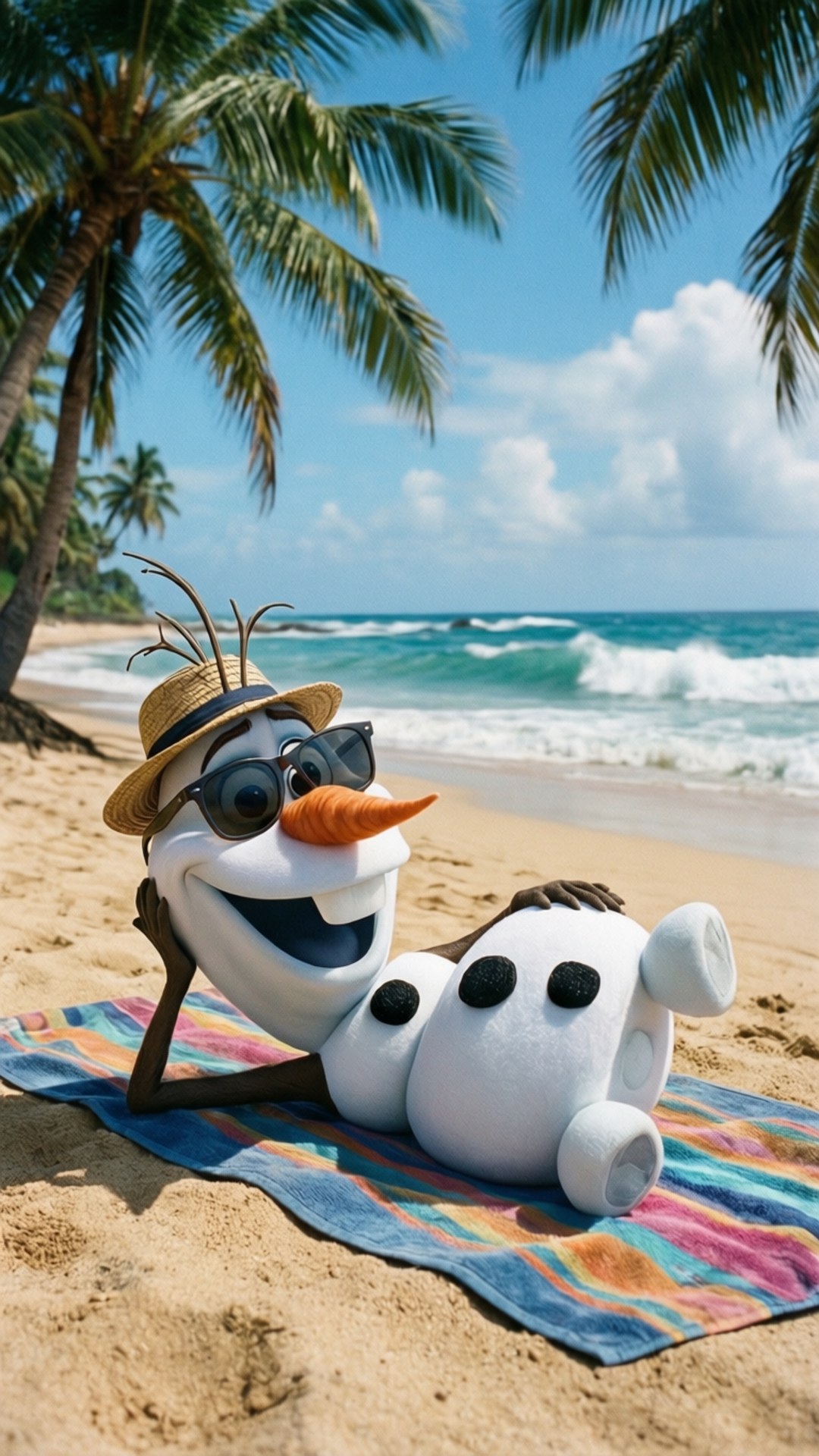 Olaf Beach Vacation 壁紙 — 《冰雪奇緣》的雪寶在熱帶沙灘上躺在色彩繽紛的毛巾上休息，戴著草帽和太陽眼鏡，身後有棕櫚樹和海浪。