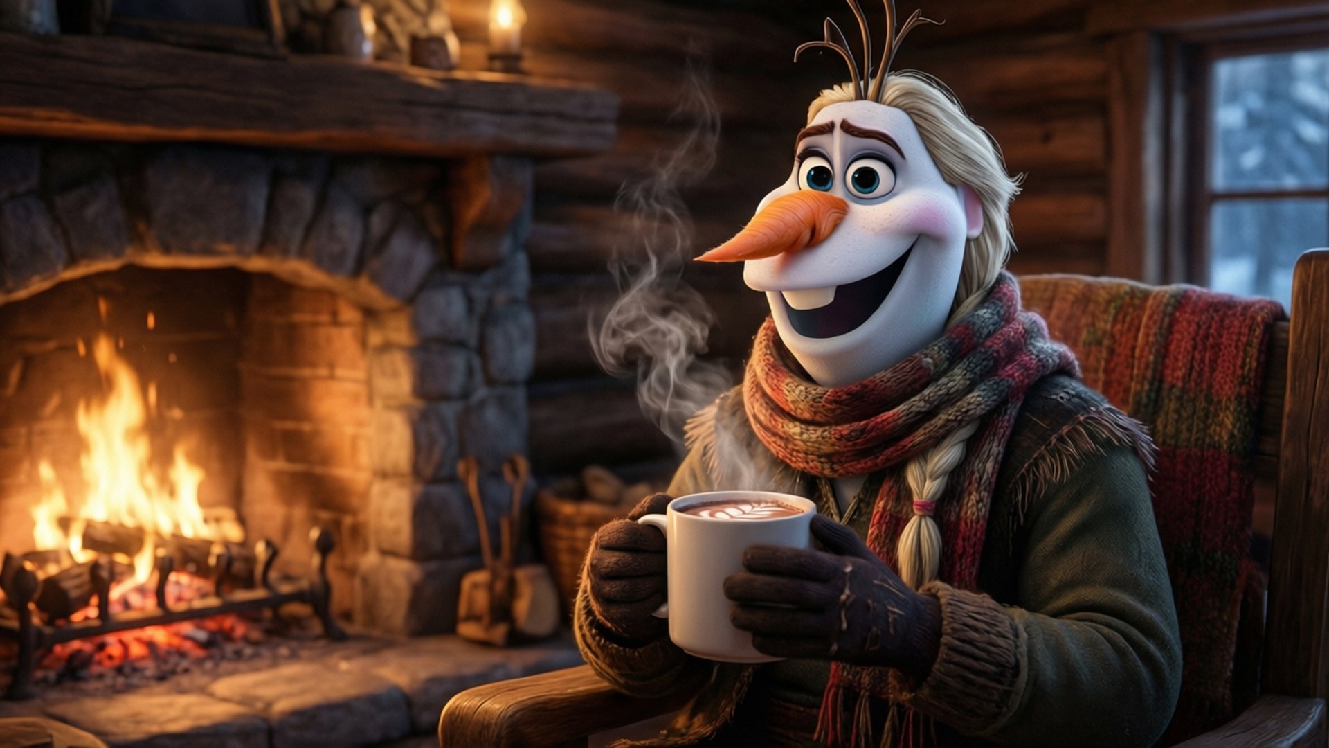 Olaf Cozy Fireplace 壁紙 — 《冰雪奇緣》中的雪人奧拉夫在舒適的小木屋裡，在噼啪作響的石壁爐旁拿著冒煙的杯子，溫暖地微笑。