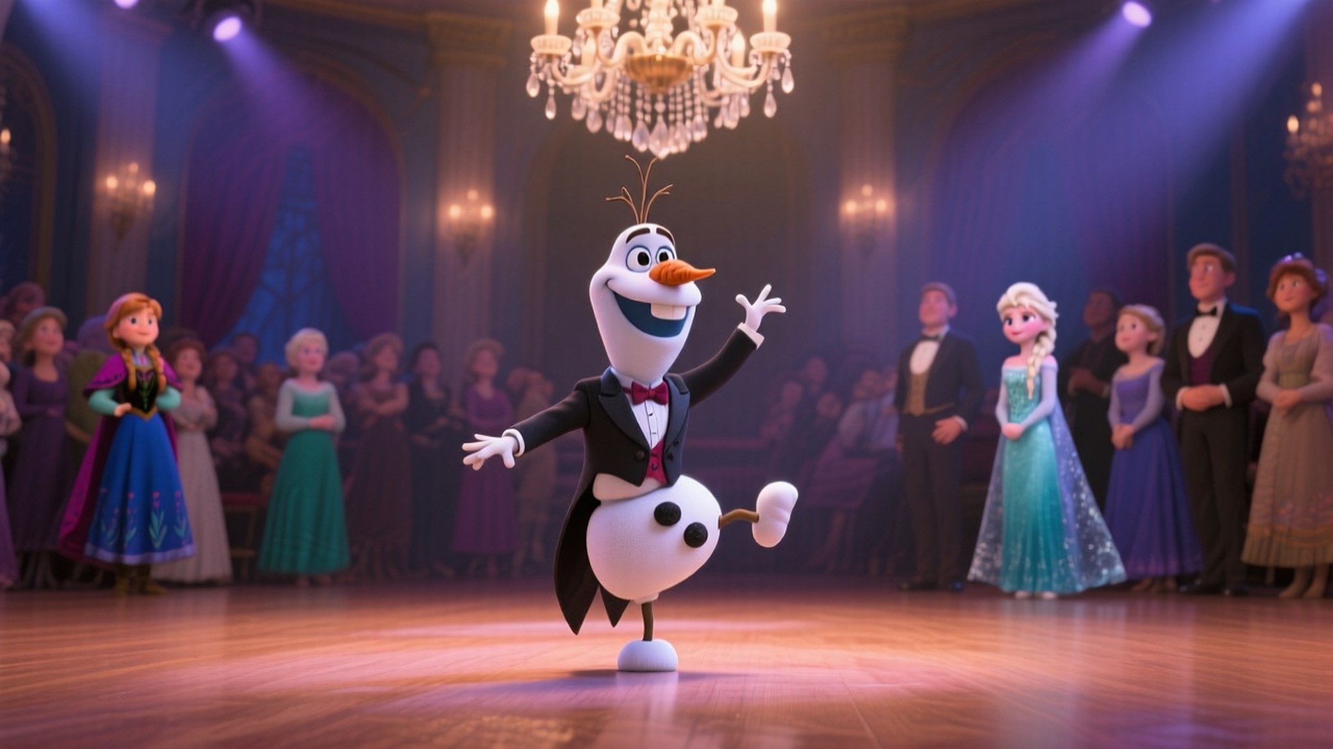 Olaf at the Ball 壁紙 — 奧拉夫身穿燕尾服，在吊燈下的大舞廳舞台上快樂地跳舞，賓客們在觀看。