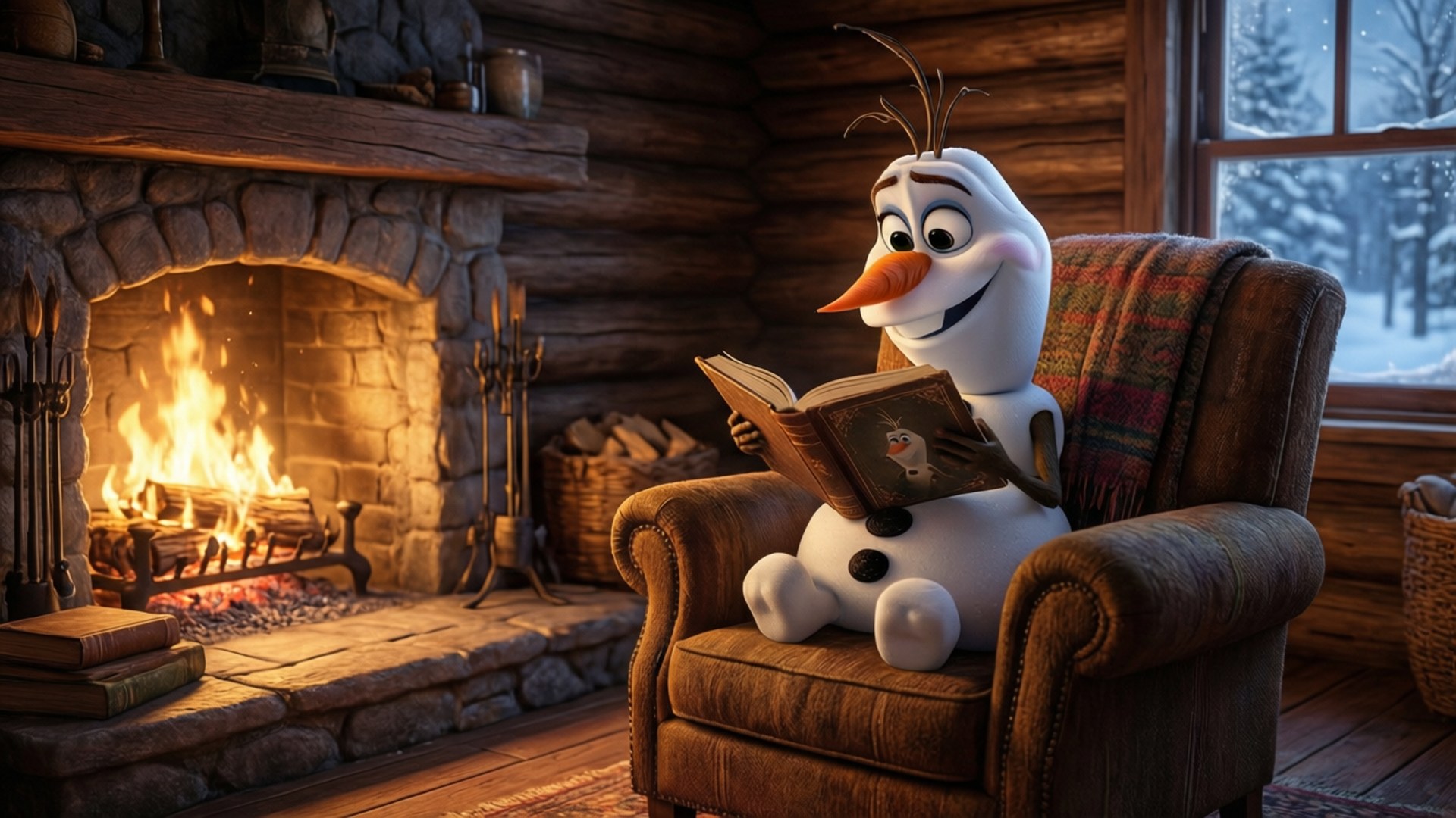 Cozy Reading 壁紙 — Olaf舒適地坐在皮革扶手椅上，旁邊是石砌壁爐裡熊熊燃燒的火，他正在看書，窗外有雪。