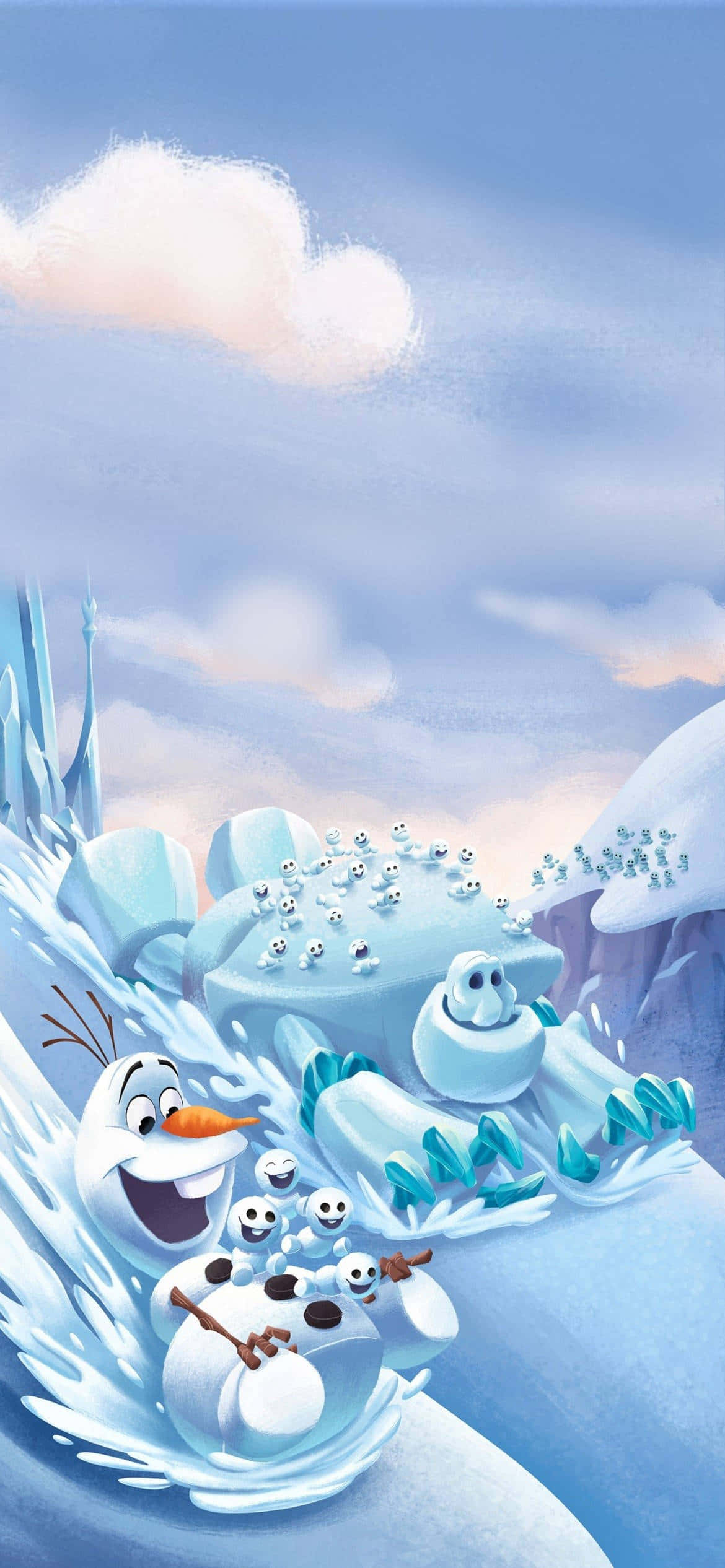 雪寶 桌布 壁紙 — Olaf 在柔和的粉彩天空下，與他的雪人朋友們一起快樂地玩雪滑梯。