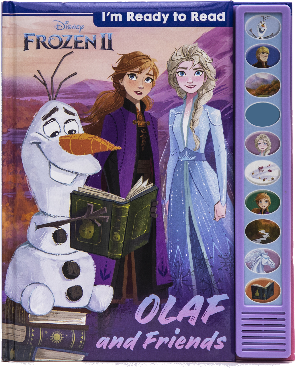 雪寶 桌布 壁紙 — Olaf 在紫色的山景背景下看書，而 Anna 和 Elsa 站在他身邊。