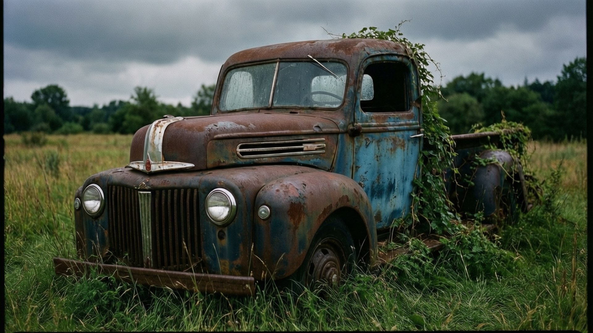 Forgotten Relic 壁紙 — 一輛生鏽的舊藍色卡車被遺棄在高高的草叢中，天空多雲，藤蔓爬滿車身側面。