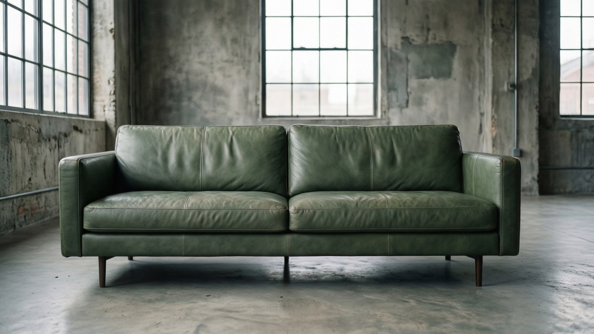 Sage Leather Loft 壁紙 — 一張時尚的橄欖綠色皮革沙發位於寬敞的工業風閣樓中央，配有裸露的混凝土牆壁和大型多格窗戶。