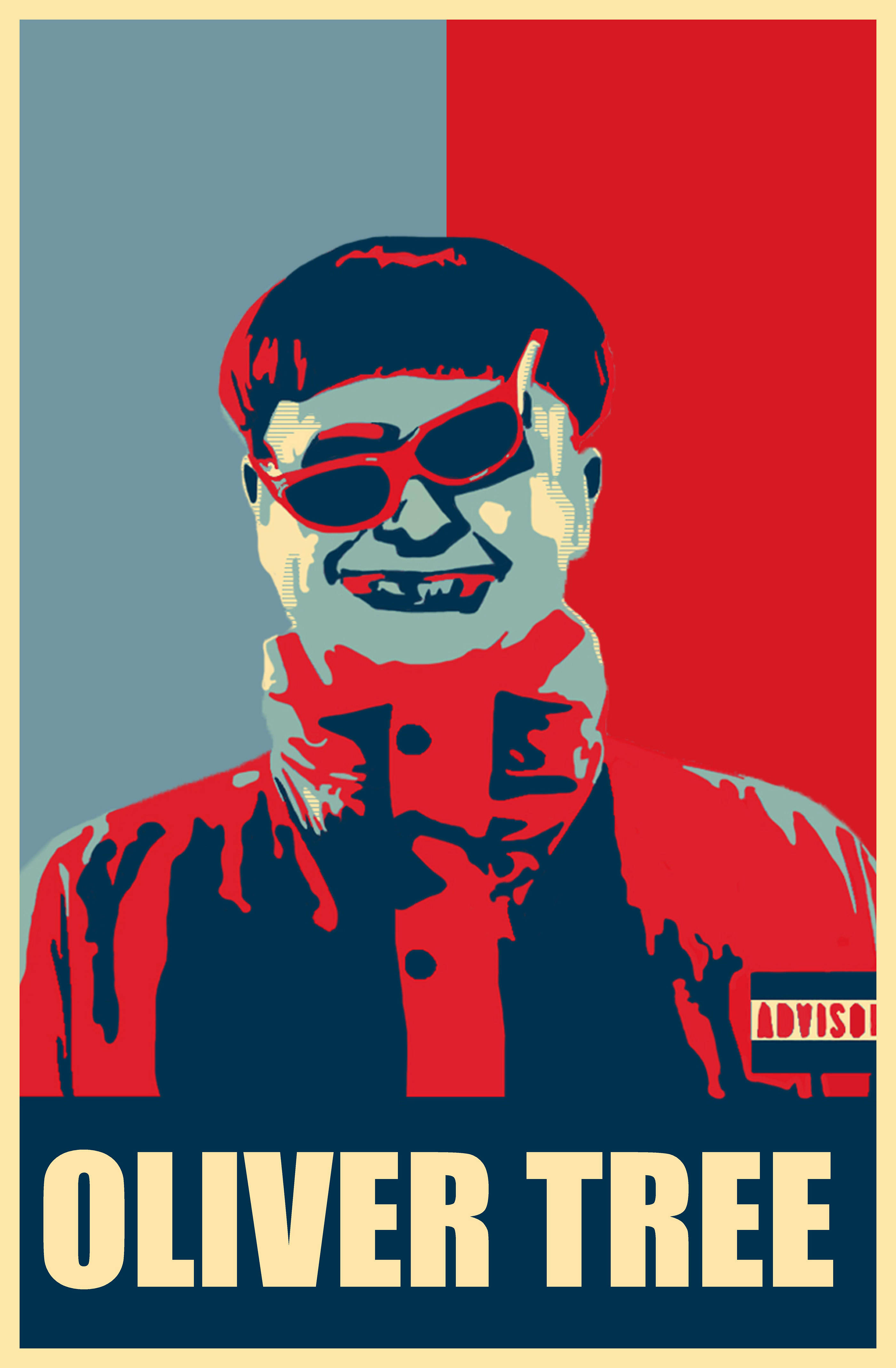 oliver 桌布 壁紙 — Oliver Tree 戴著紅色太陽眼鏡的大膽普普藝術肖像，背景是紅藍分割，下面有他的名字。