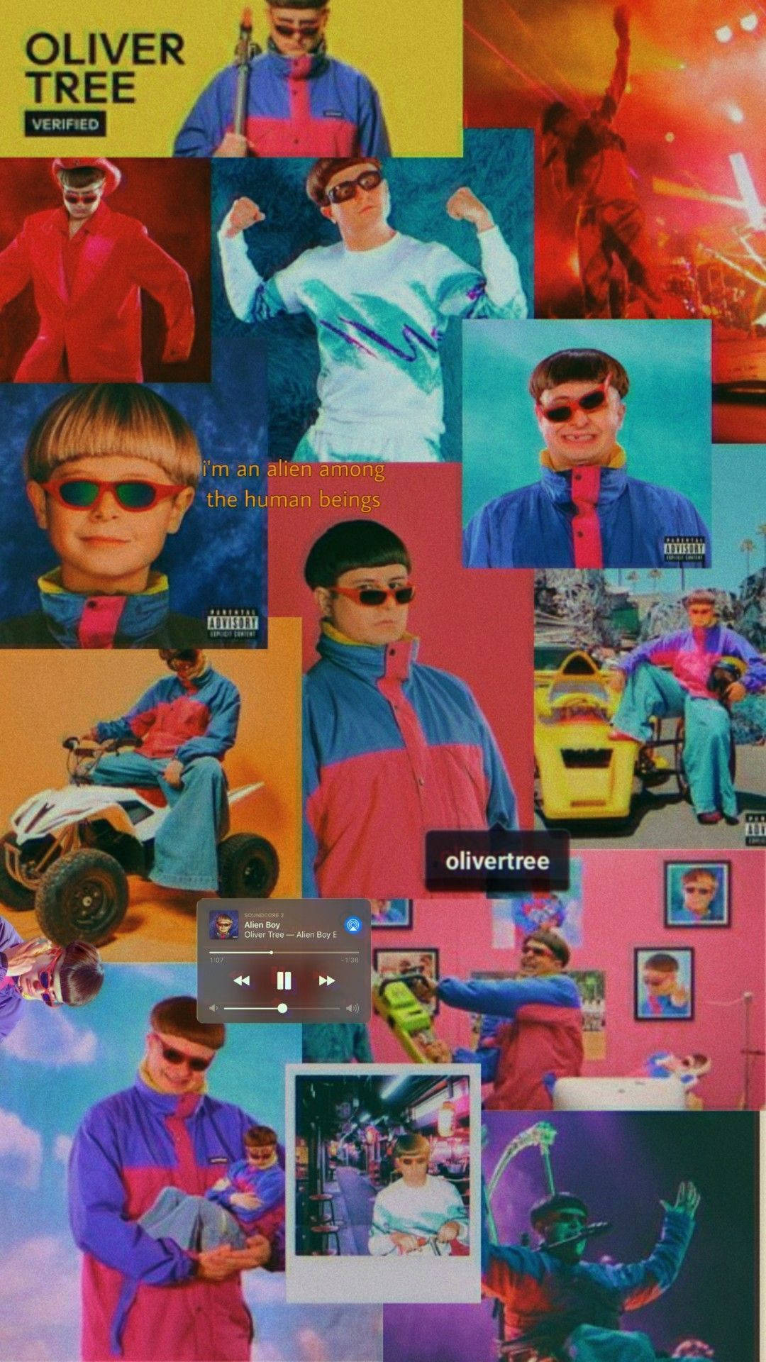 oliver 桌布 壁紙 — Oliver Tree 身穿90年代霓虹運動服，在色彩繽紛的場景中擺姿勢，並帶有專輯藝術和音樂播放器疊加的充滿活力的拼貼畫。