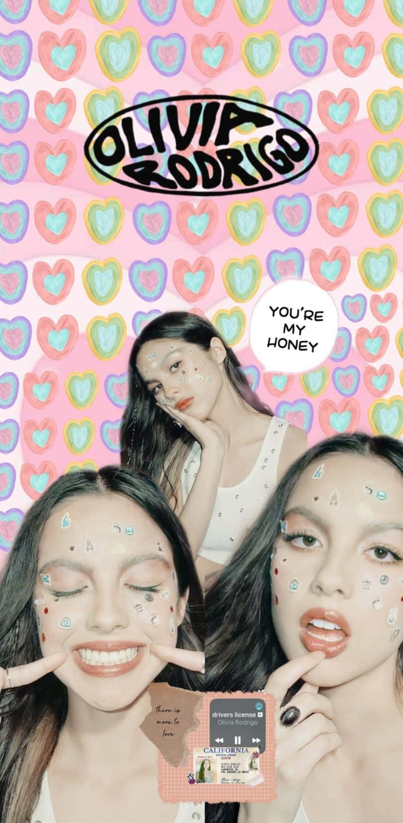 Olivia Rodrigo Aesthetic 桌布 壁紙 — Olivia Rodrigo 以玩味的心形圖案背景和閃亮臉部貼紙，展現充滿活力的流行藝術風格。