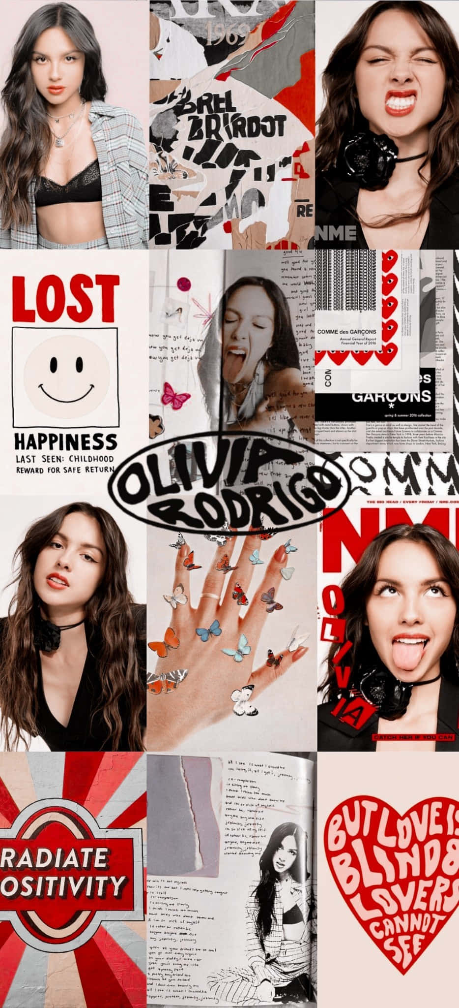Olivia Rodrigo Aesthetic 桌布 壁紙 — Olivia Rodrigo 富表現力的肖像與流行文化圖形的大膽排版和蝴蝶圖案的鮮豔拼貼畫。