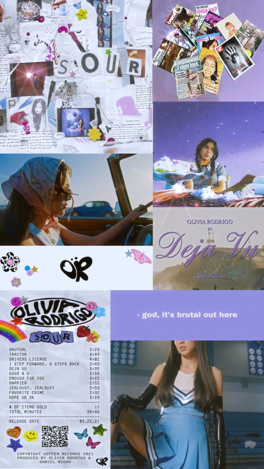 奧莉維亞·羅德里戈 桌布 壁紙 — Olivia Rodrigo 的《SOUR》專輯藝術的充滿活力的拼貼畫，包含照片、歌詞和色彩繽紛的塗鴉，風格年輕混亂。