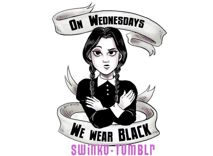 阿達一族 桌布 壁紙 — Wednesday Addams 的風格化黑白插圖，梳著辮子，雙臂交叉，下方有寫著「ON WEDNESDAYS」和「WE WEAR BLACK」的橫幅。