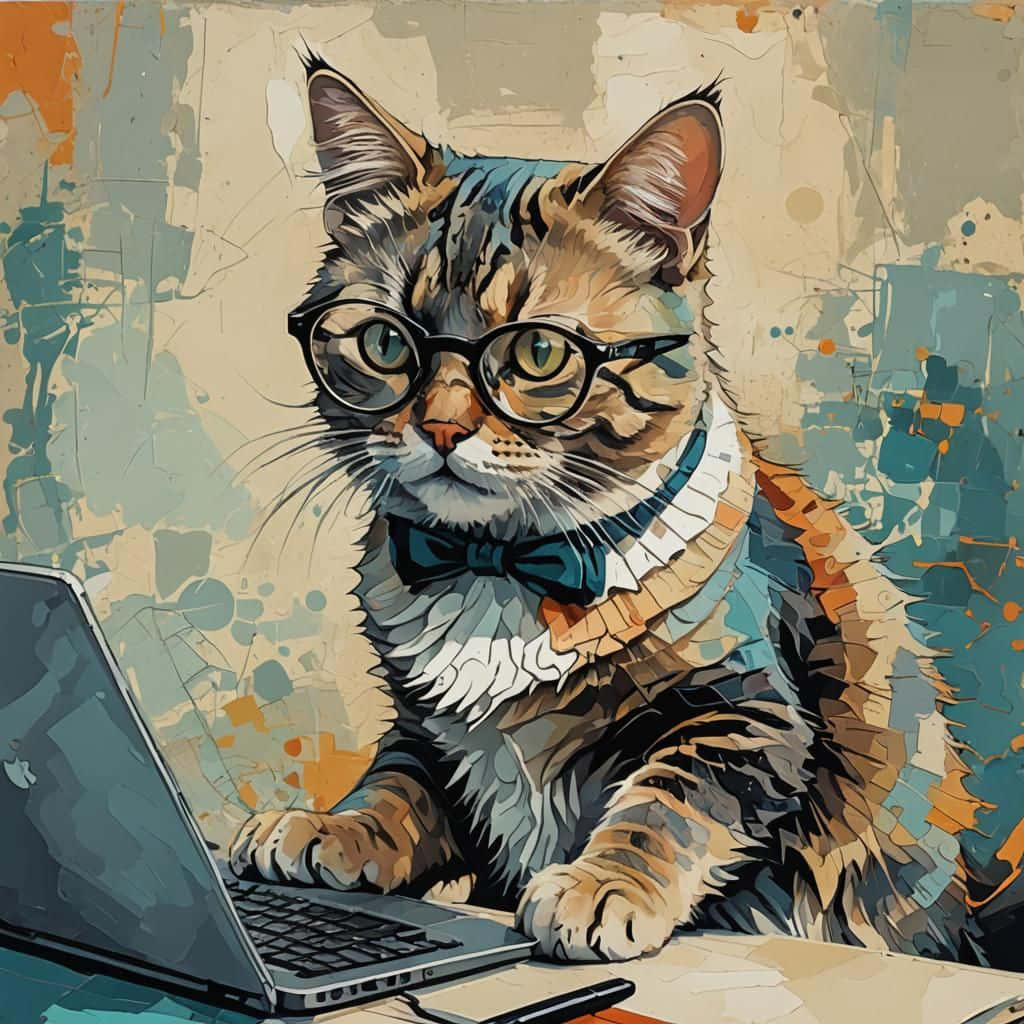  壁紙 — 一隻戴眼鏡和領結的時尚虎斑貓在紋理抽象背景前用筆記型電腦打字。