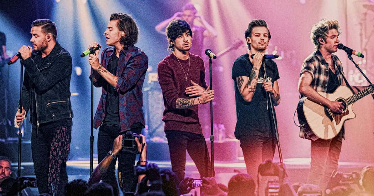 One Direction 桌布 壁紙 — One Direction 在充滿活力的粉紅色和藍色燈光下現場表演，前景有粉絲。
