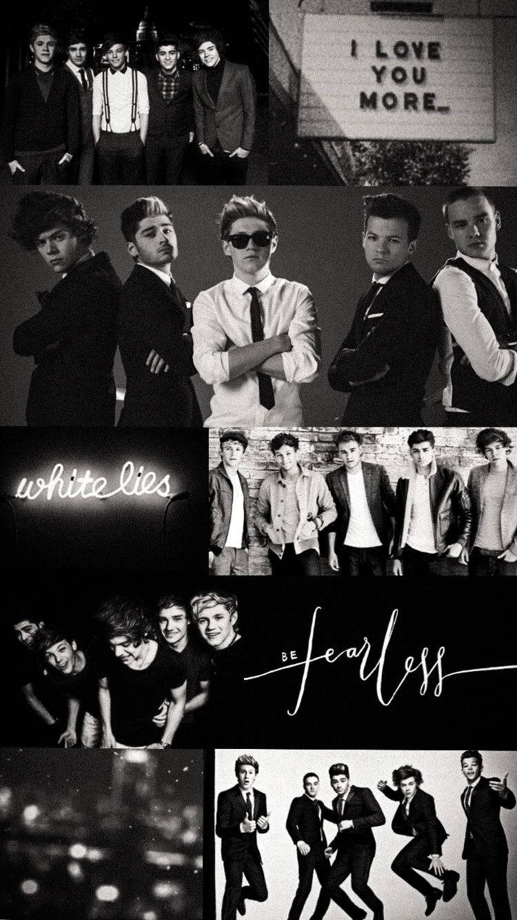 One Direction Aesthetic 桌布 壁紙 — One Direction 樂團的黑白拼貼畫，展示各種姿勢和場景，並帶有文字疊加。