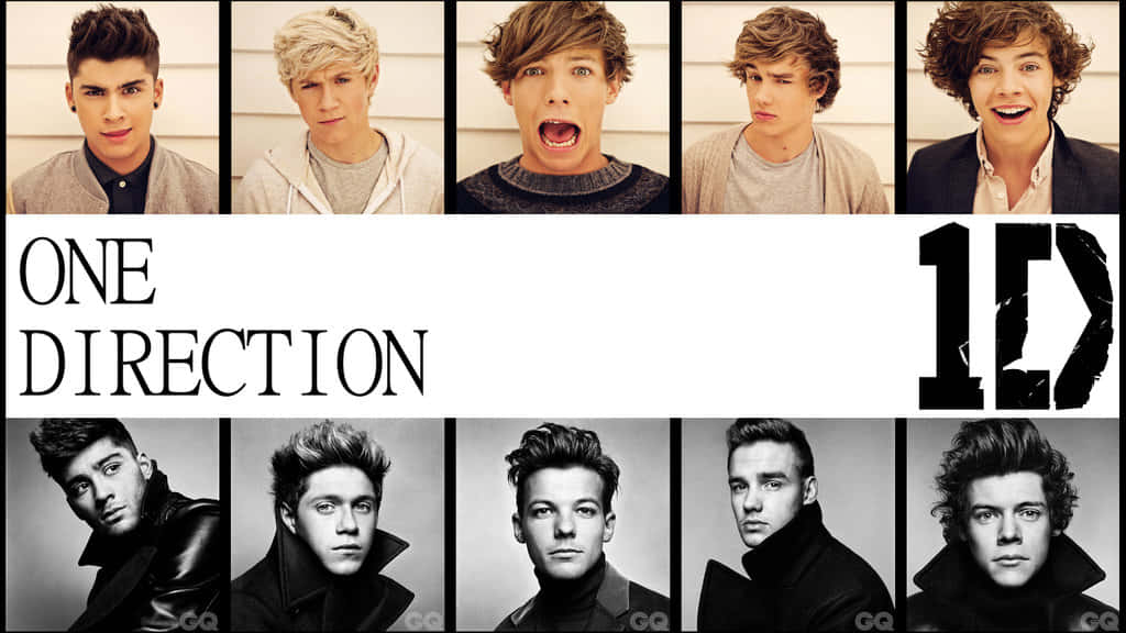 One Direction 桌布 壁紙 — One Direction 樂團成員的肖像拼貼，表情豐富，色彩與黑白風格形成對比。
