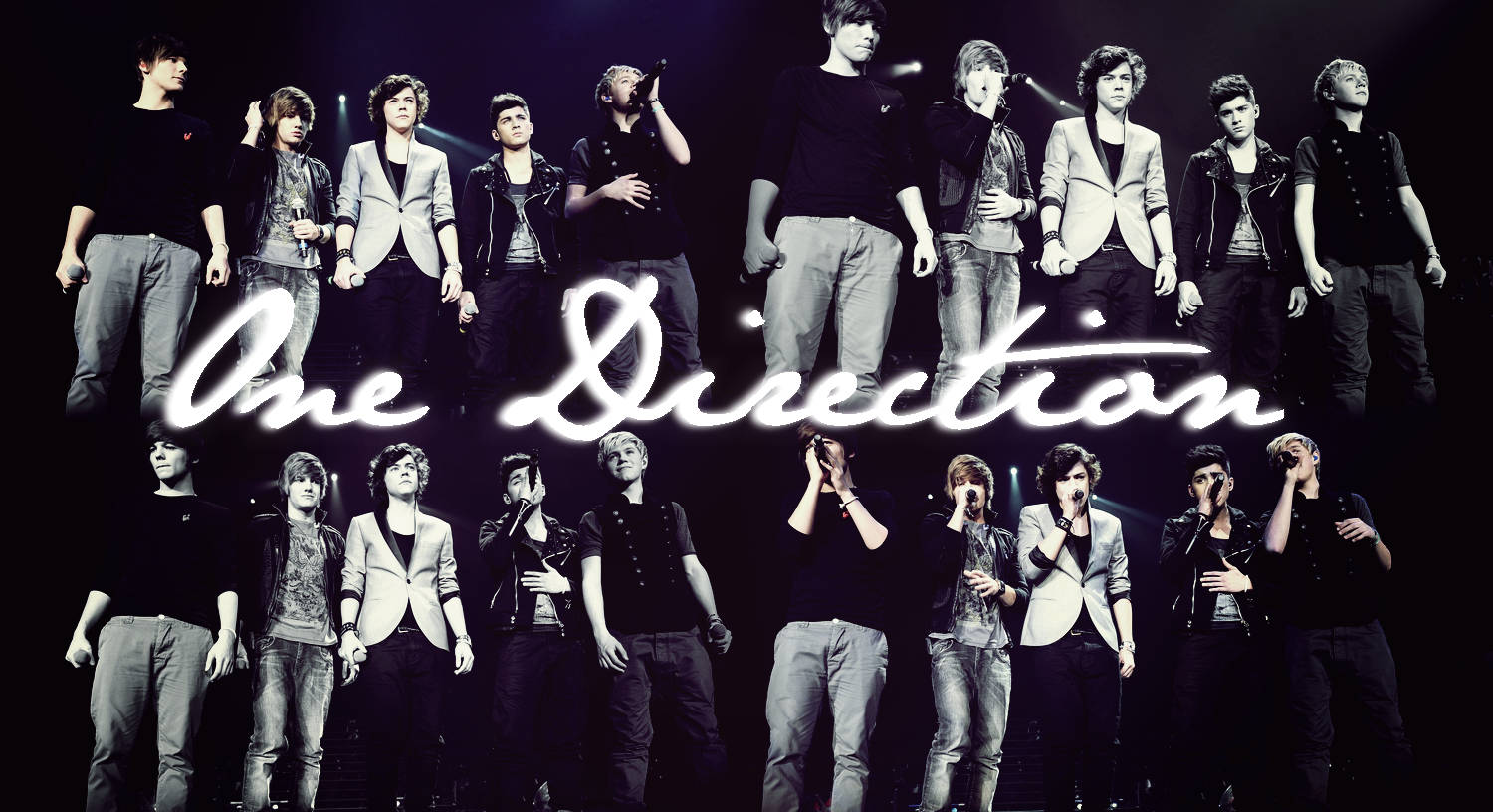 One Direction Aesthetic 桌布 壁紙 — One Direction 樂團成員以黑白風格在舞台上擺姿勢，帶有發光標誌疊加效果。