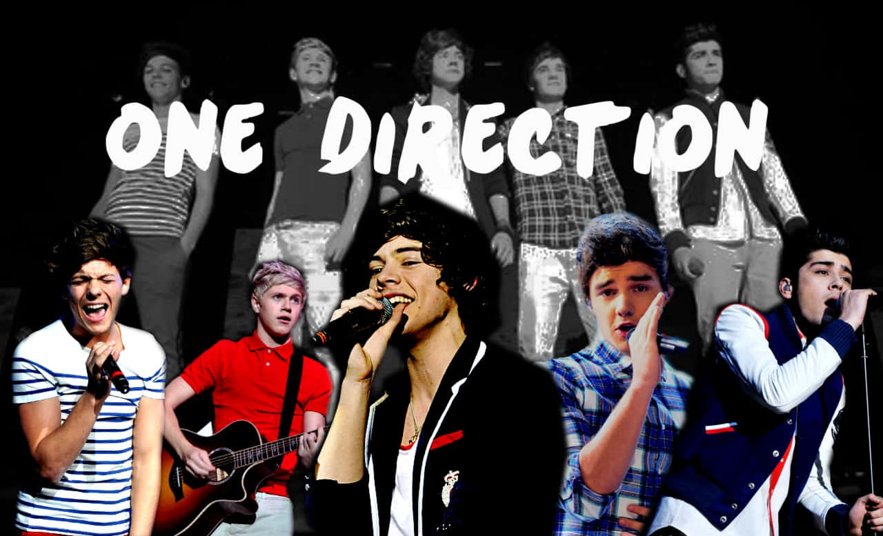 One Direction Laptop 桌布 壁紙 — One Direction 樂團成員在明亮的舞台燈光下，手持麥克風和吉他充滿活力地表演。