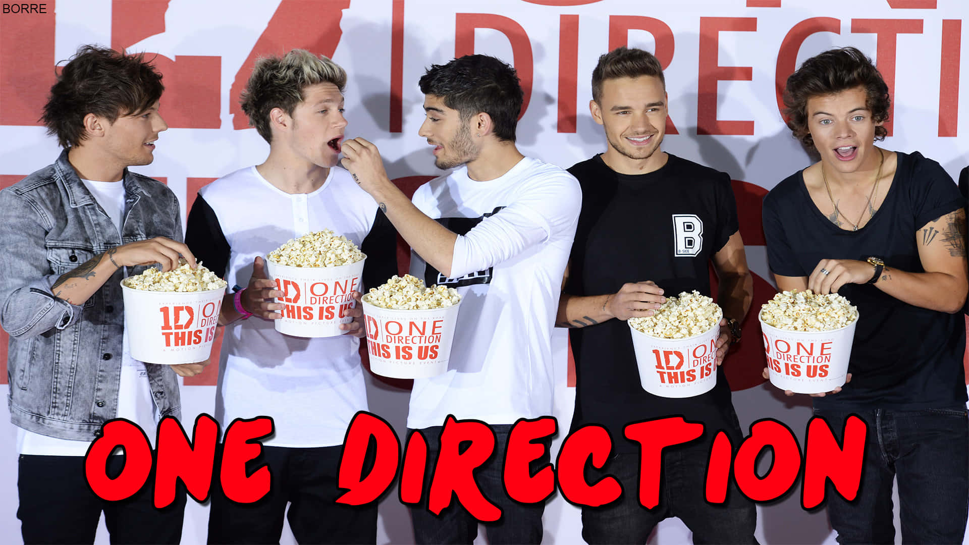 One Direction 桌布 壁紙 — One Direction 樂團成員在一個大膽紅色品牌推廣活動中笑著分享爆米花。