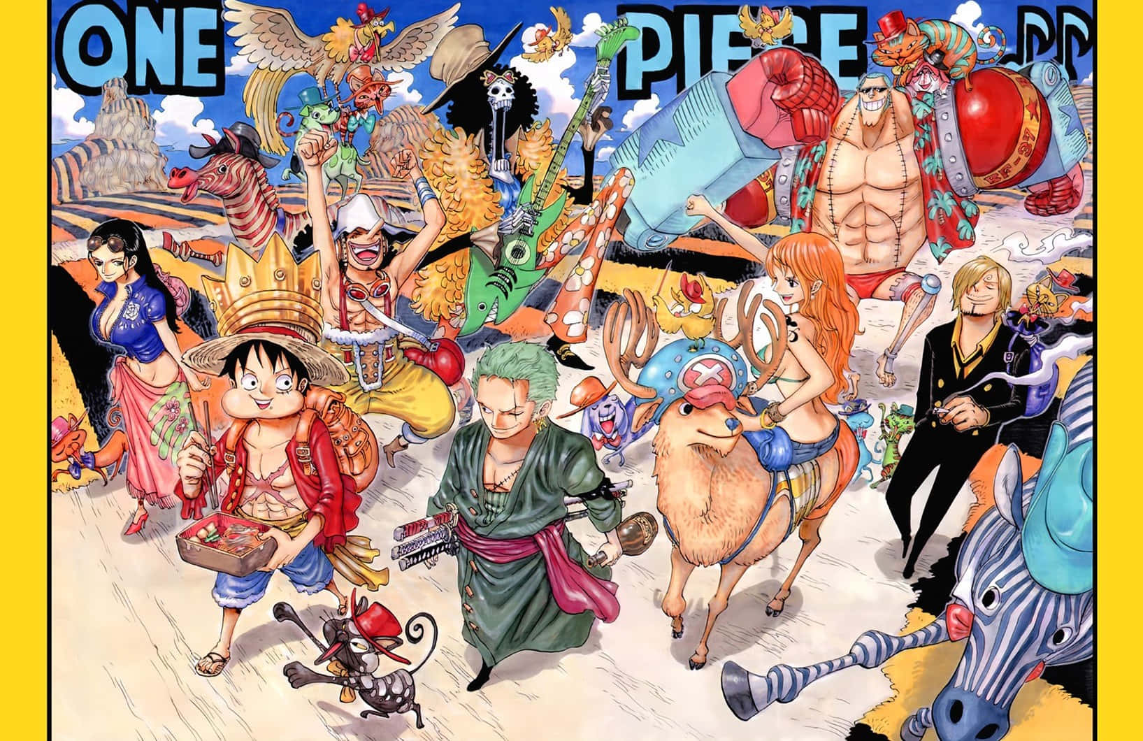  壁紙 — 一幅充滿活力的動漫插圖，描繪了《One Piece》船員在晴朗藍天下的沙漠景觀中一起慶祝。