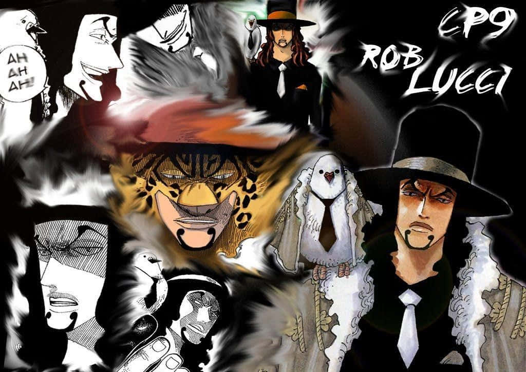 Rob Lucci 桌布 壁紙 — 《One Piece》CP9 特工的動態動畫拼貼，帶有戲劇性表情和大膽黑白藝術風格。