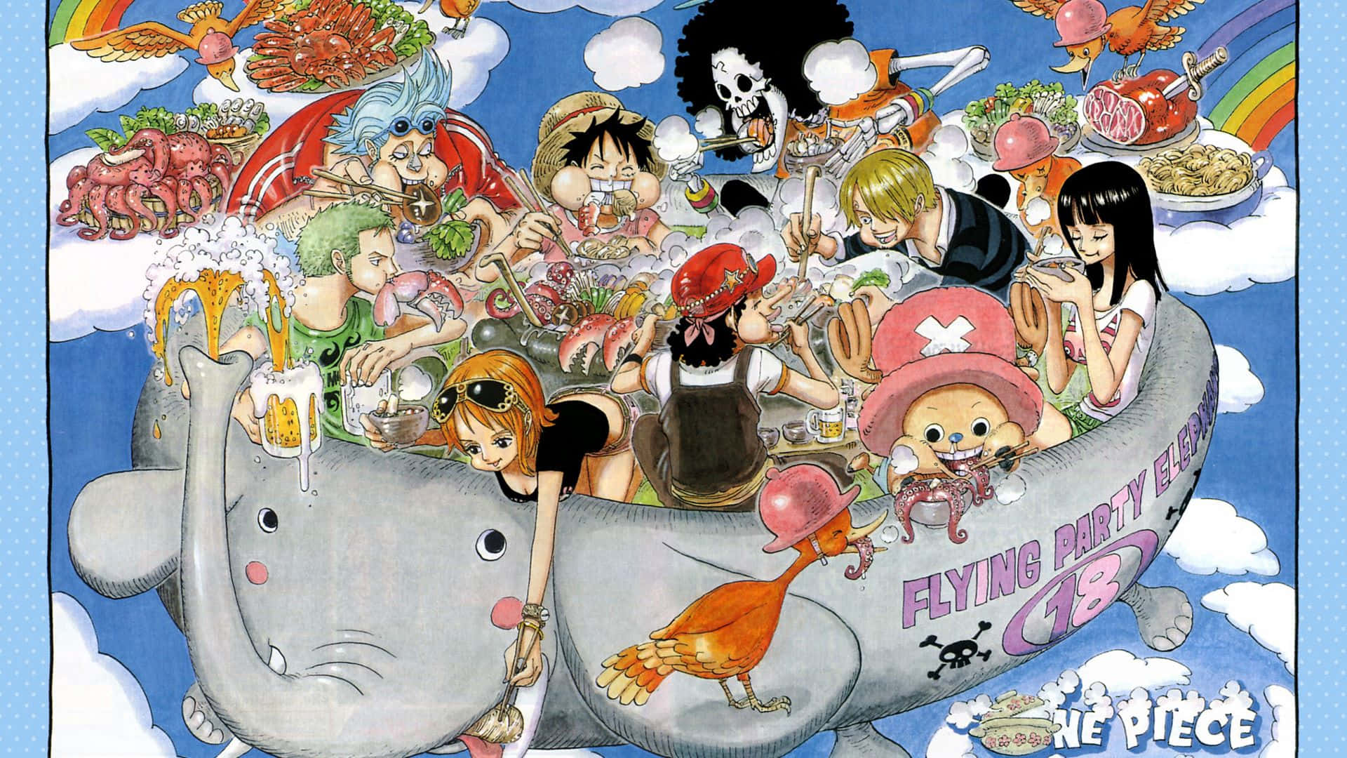  壁紙 — One Piece 船員在雲和彩虹之間的飛象上狂歡，食物到處飛舞。