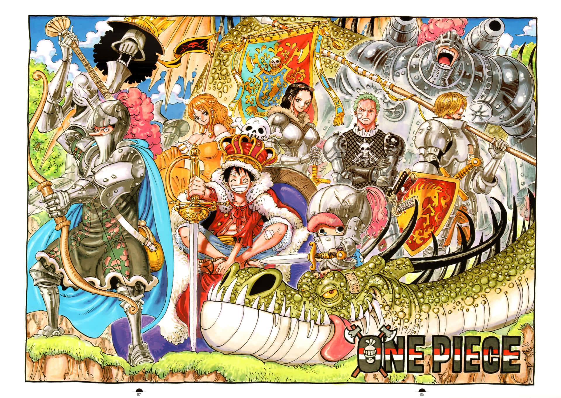  壁紙 — 一幅充滿活力的動畫插圖，描繪了《航海王》船員穿著中世紀盔甲站在巨大的龍頭骨上，背景是一座城堡。