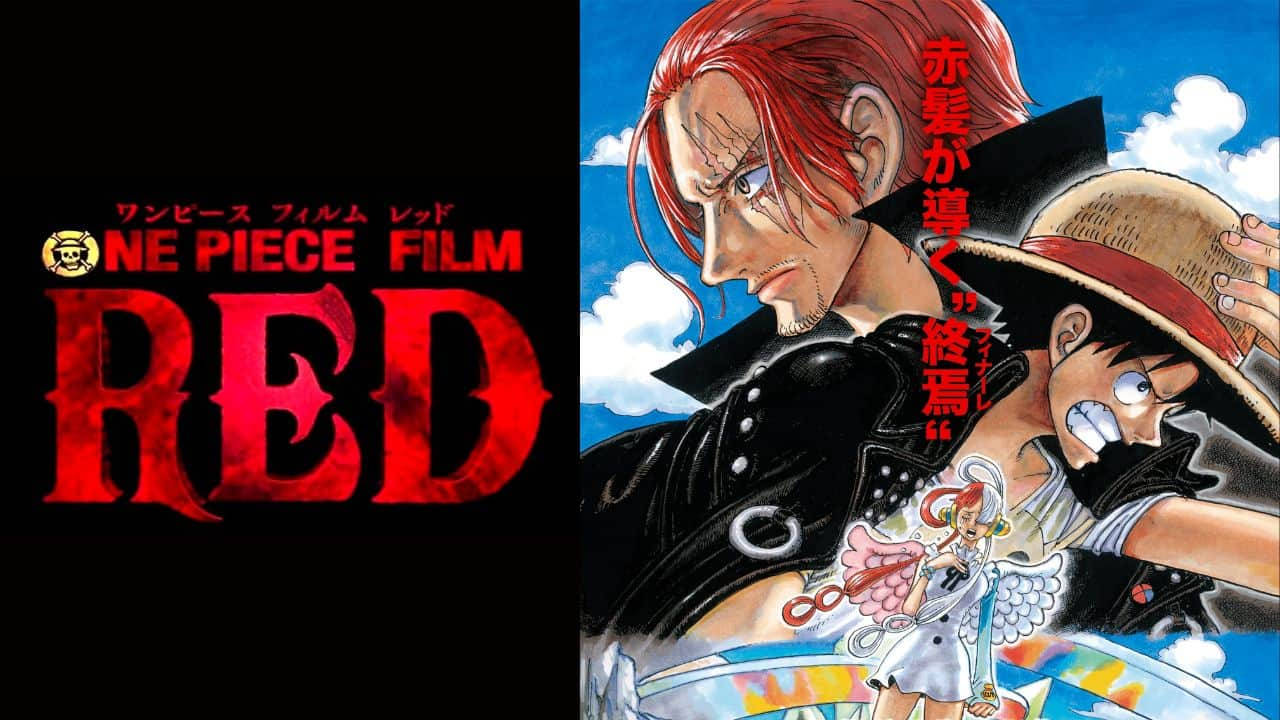 電影動圖 桌布 壁紙 — 《ONE PIECE FILM RED》動畫電影海報，紅髮傑克和魯夫在明亮的藍天下擺出動感十足的動作姿勢。