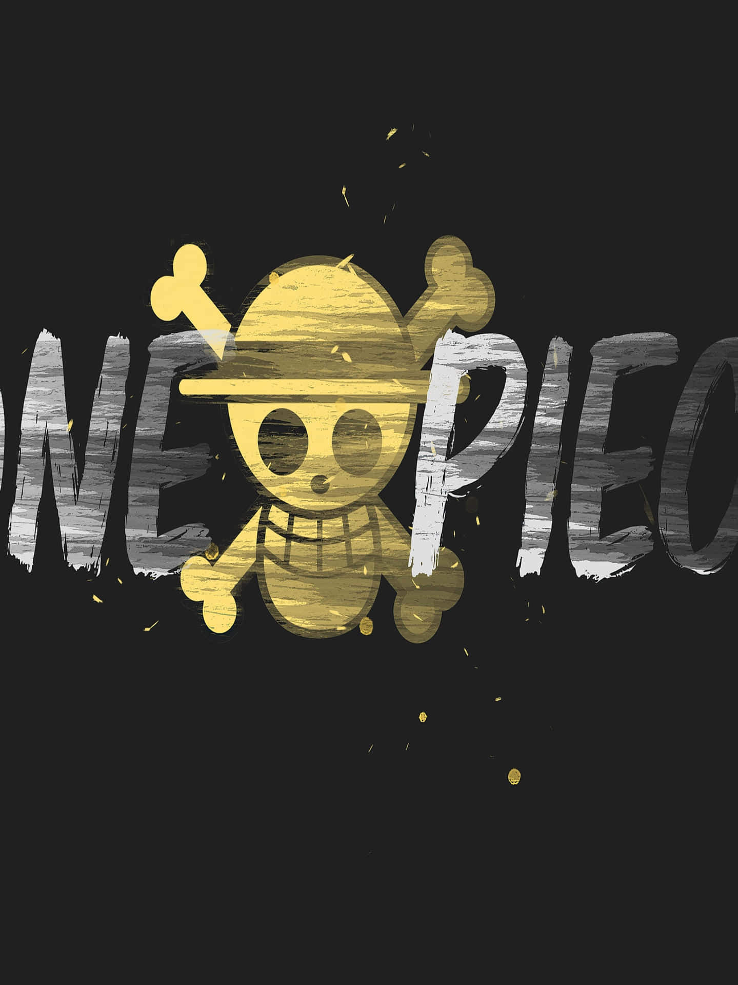  壁紙 — 一個大膽的黃色One Piece骷髏頭和交叉骨標誌，帶有風化灰色文字，背景為黑色。