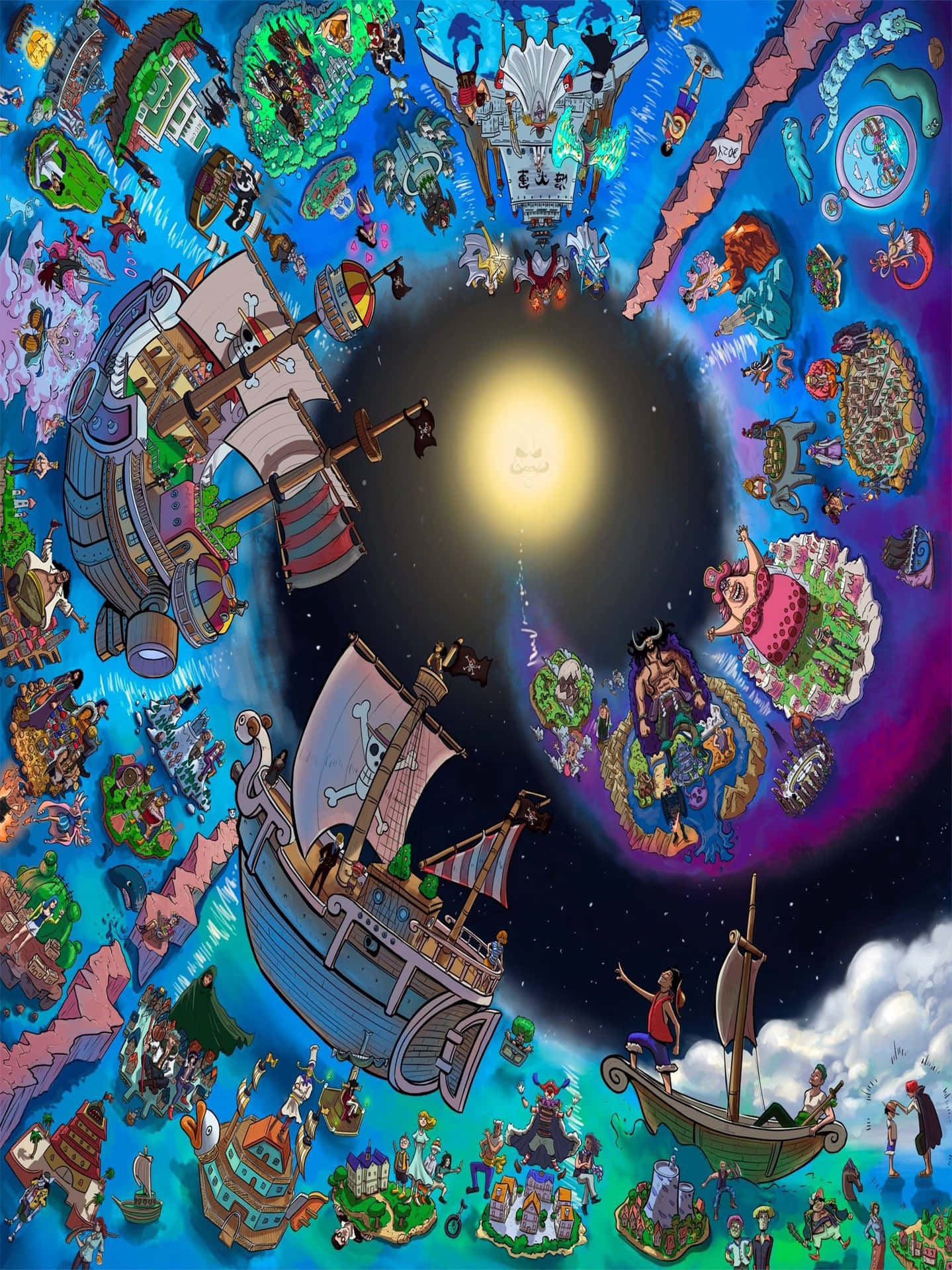  壁紙 — 一張充滿活力的動漫風格One Piece世界地圖，船隻、島嶼和角色圍繞著中央的太陽旋轉。