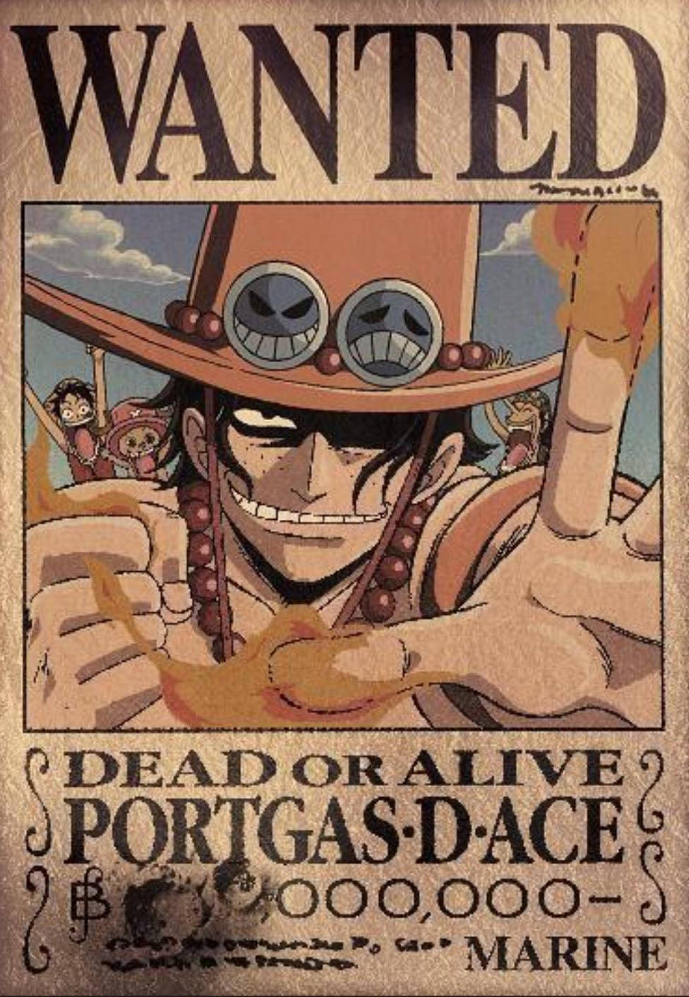 Ace 桌布 壁紙 — One Piece 中 Portgas D Ace 的通緝海報，展示他戴著護目鏡、咧嘴笑的表情，背景是火焰。