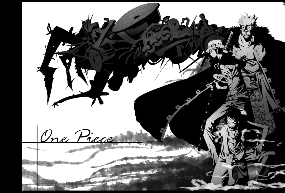桌布 壁紙 — 《ONE PIECE》中一個戲劇性的黑白動畫場景，角色們站在一個巨大的機械生物面前。