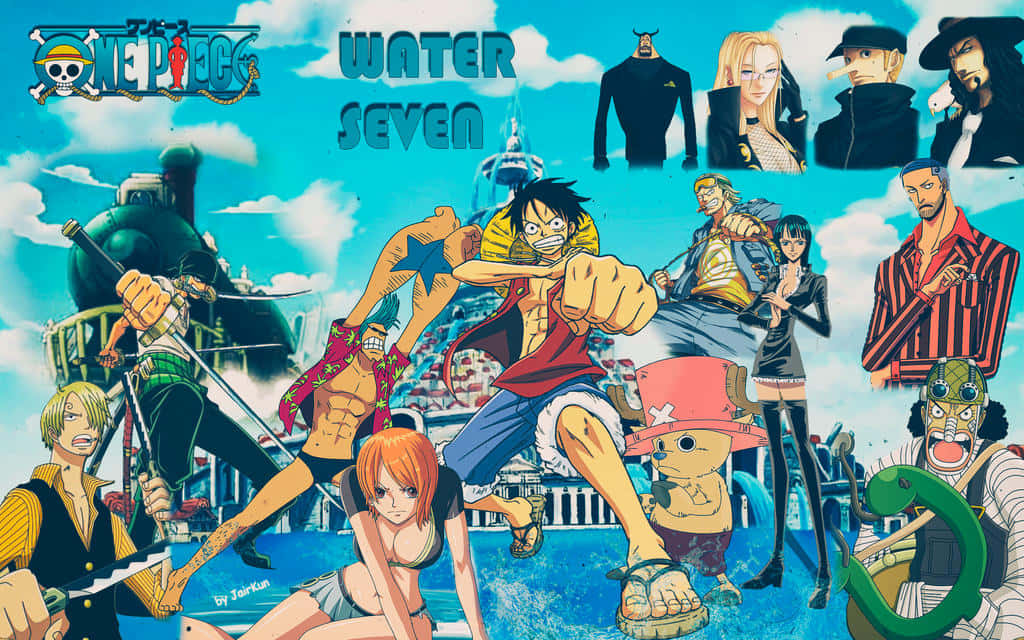 Water Seven 桌布 壁紙 — 《One Piece》中充滿活力的動漫角色在明亮的藍天下動態聚集，帶有「Water Seven」文字。