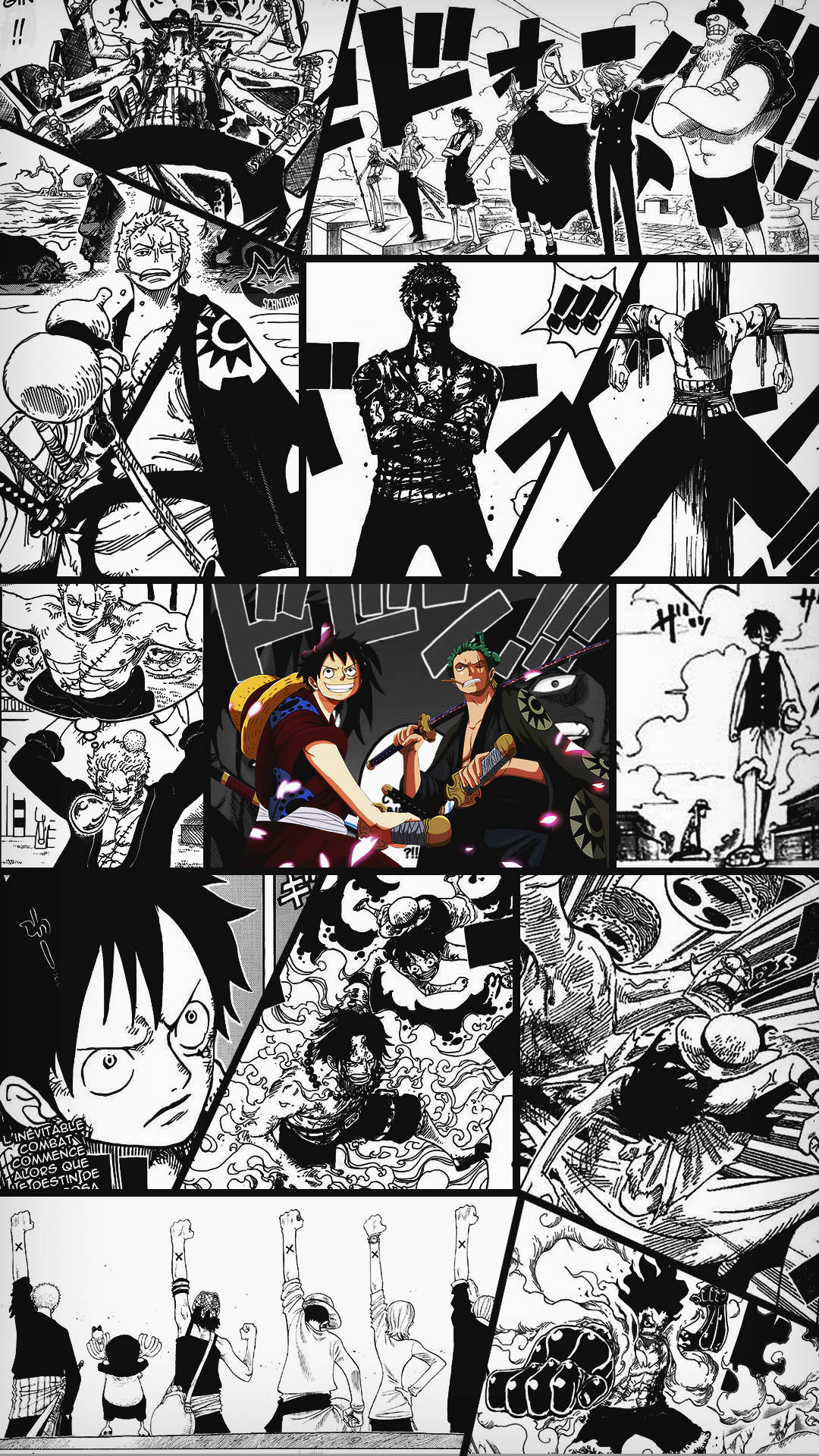 海賊王 桌布 壁紙 — 《One Piece》中動態的黑白漫畫面板，展現了激烈的動作和富有表現力的角色，姿勢戲劇化。