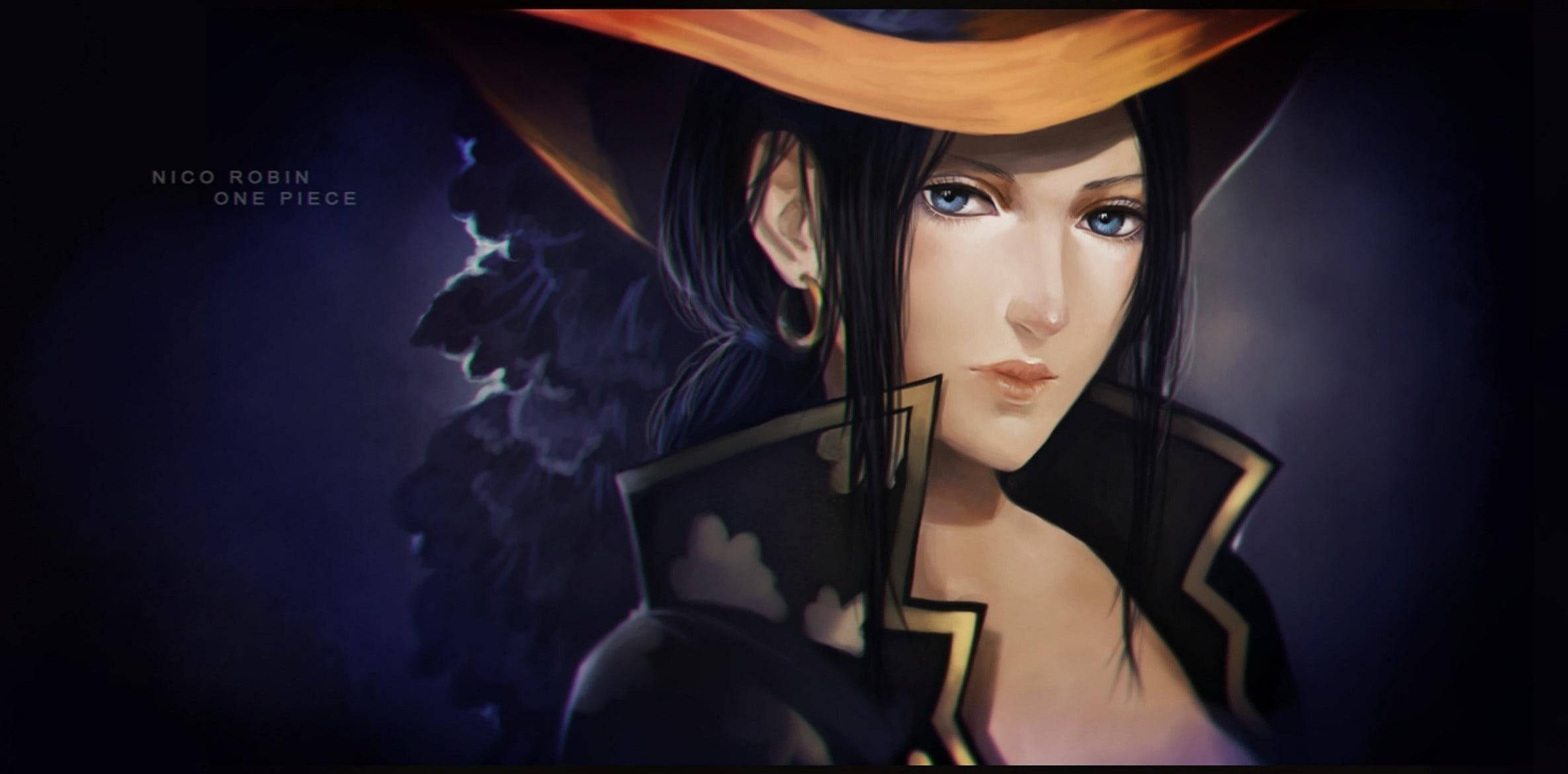 robin 桌布 壁紙 — One Piece 中妮歌·魯賓的特寫肖像，戴著寬邊帽，手持一本書，背景是黑暗的暴風雨。