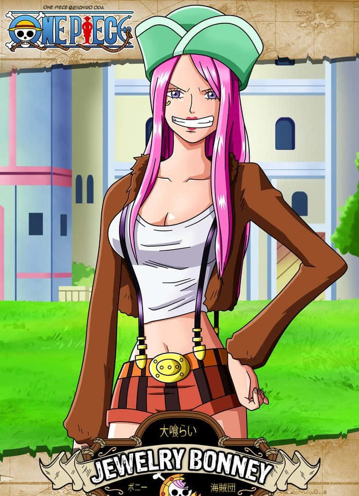 Jewelry Bonney 桌布 壁紙 — 《One Piece》中的珠寶·波妮自信地站在草地上，表情明亮愉快。