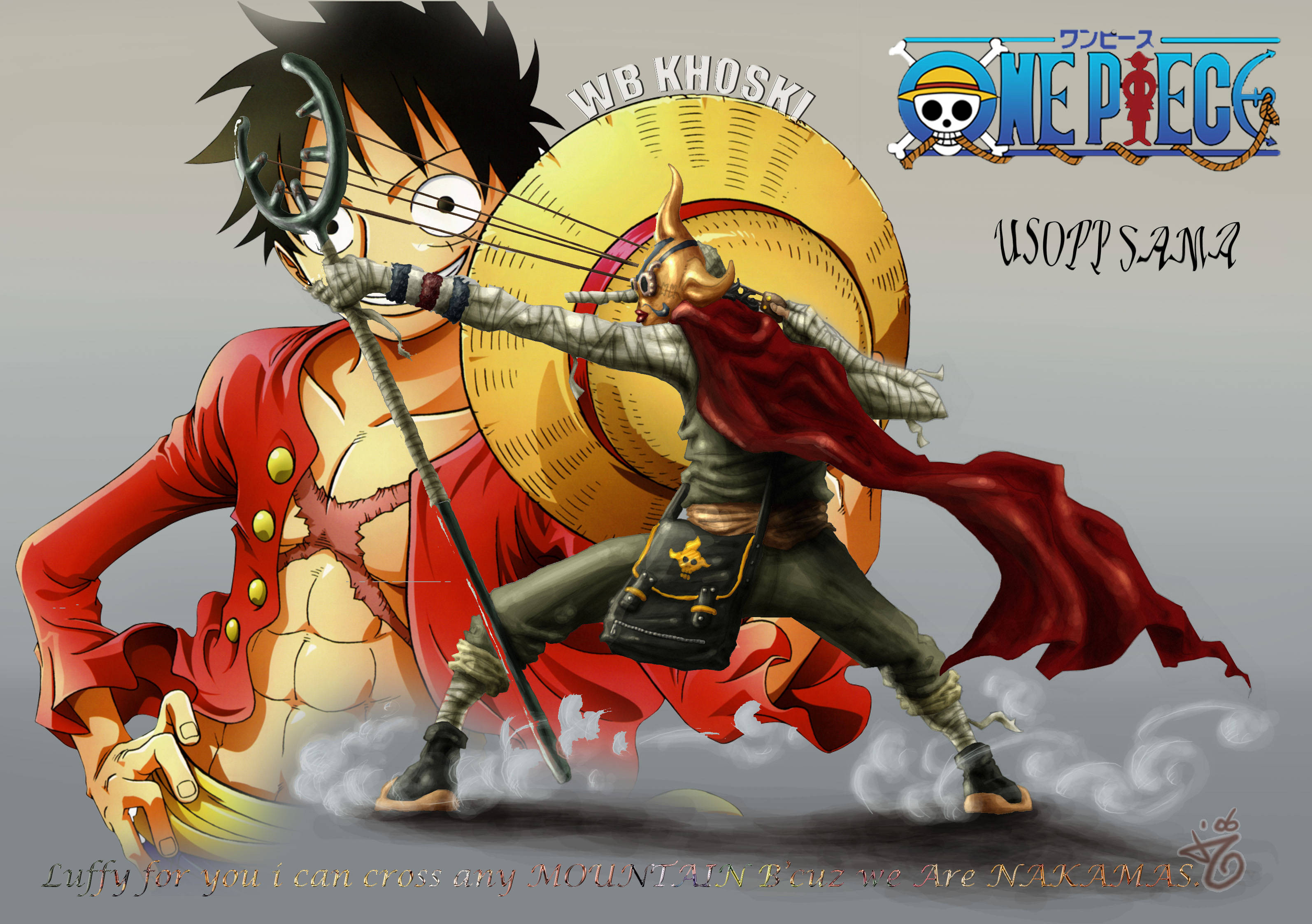 one piece usopp 桌布 壁紙 — 《ONE PIECE》中的魯夫和騙人布以動態動作姿勢站立，煙霧在他們腳邊旋轉。