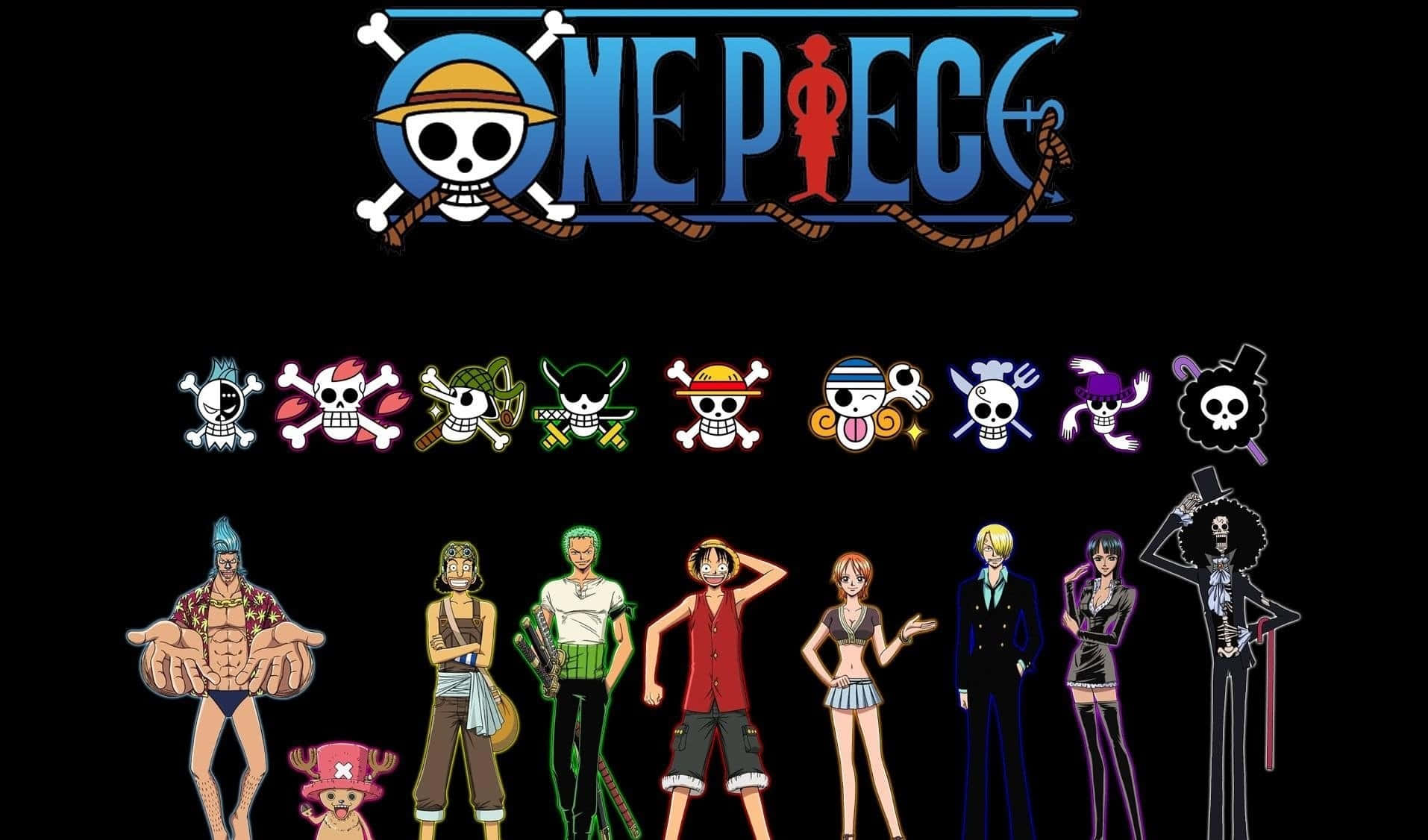 海賊王 桌布 壁紙 — One Piece 動畫角色站在黑色背景上的標誌性骷髏頭和交叉骨標誌下方。