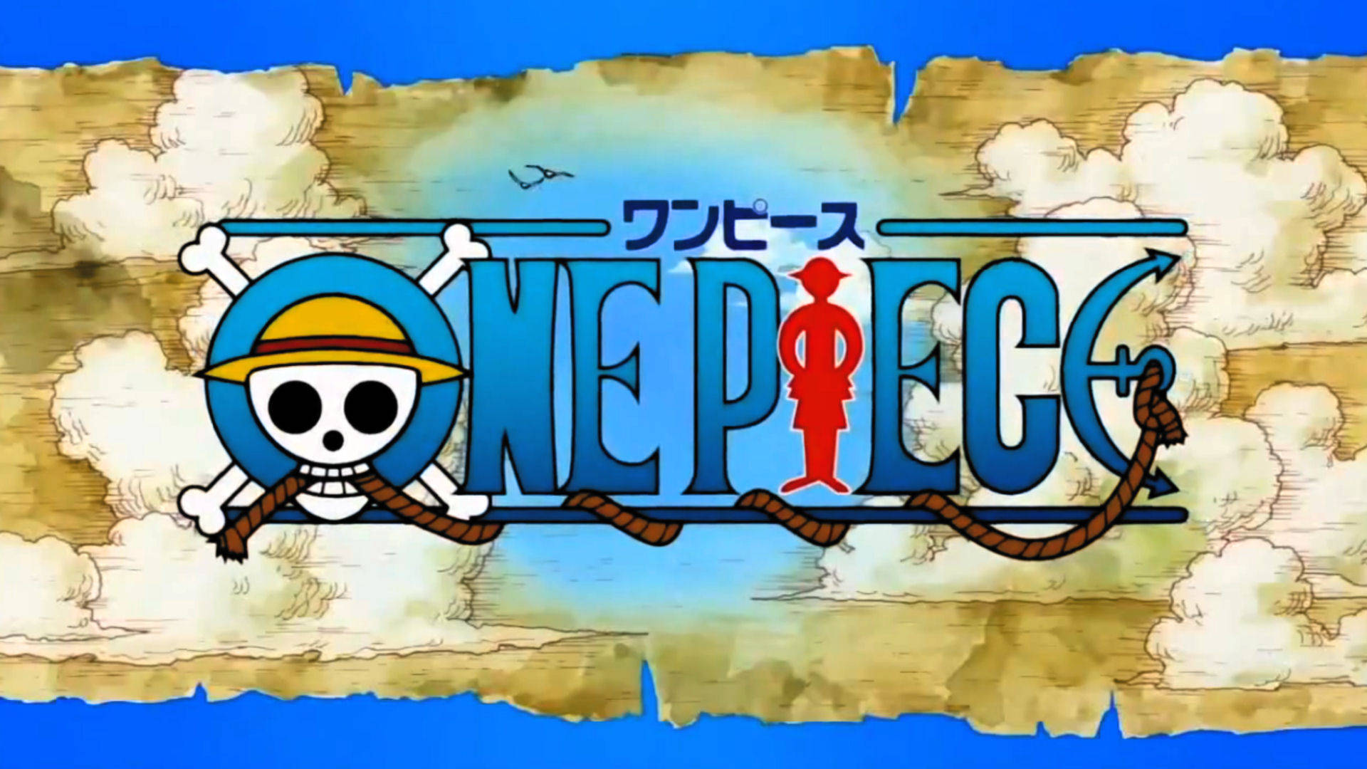 航海王標誌 桌布 壁紙 — One Piece 標誌，一個戴著草帽的骷髏頭和一個男人的紅色剪影，背景是風化的藏寶圖。