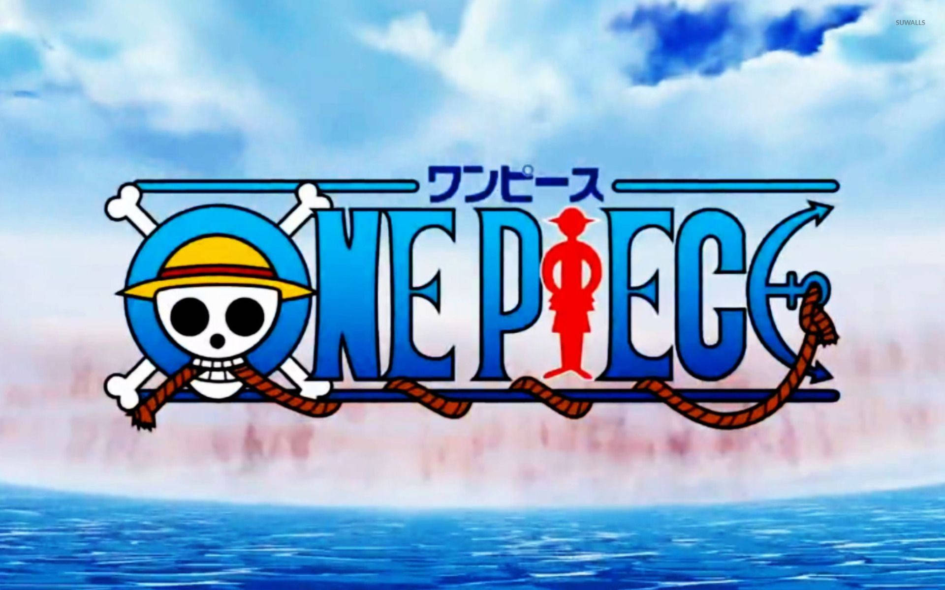 海賊王 桌布 壁紙 — One Piece 標誌，一個戴著草帽的骷髏頭和紅色剪影，以藍天和海洋為背景。