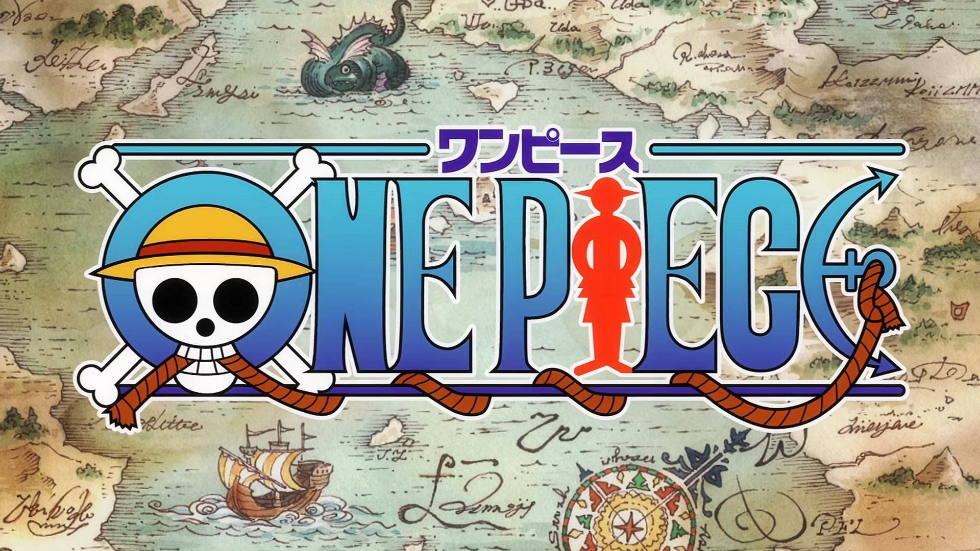 海賊王 桌布 壁紙 — One Piece 標誌，一個戴著草帽的骷髏頭和一個紅色的海盜剪影，站在一張有船隻和龍的古老藏寶圖上。