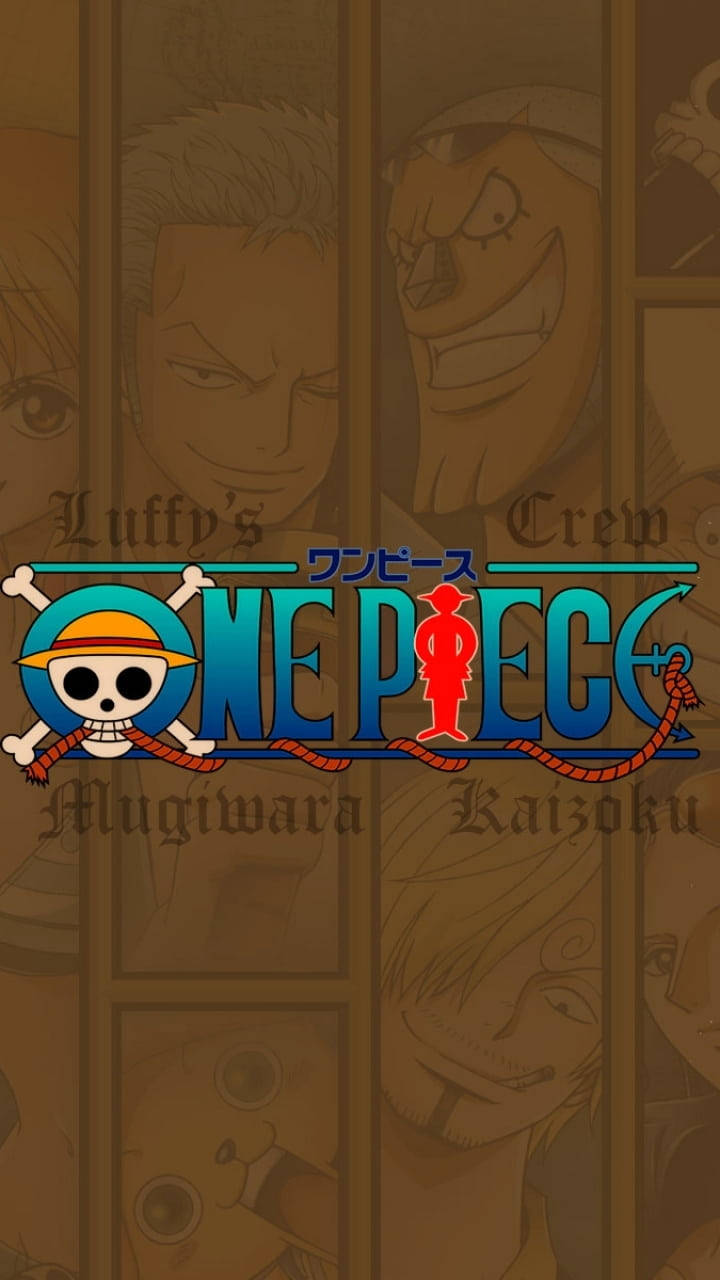 航海王標誌 桌布 壁紙 — One Piece 標誌，後面有魯夫船員的復古色調面板肖像。