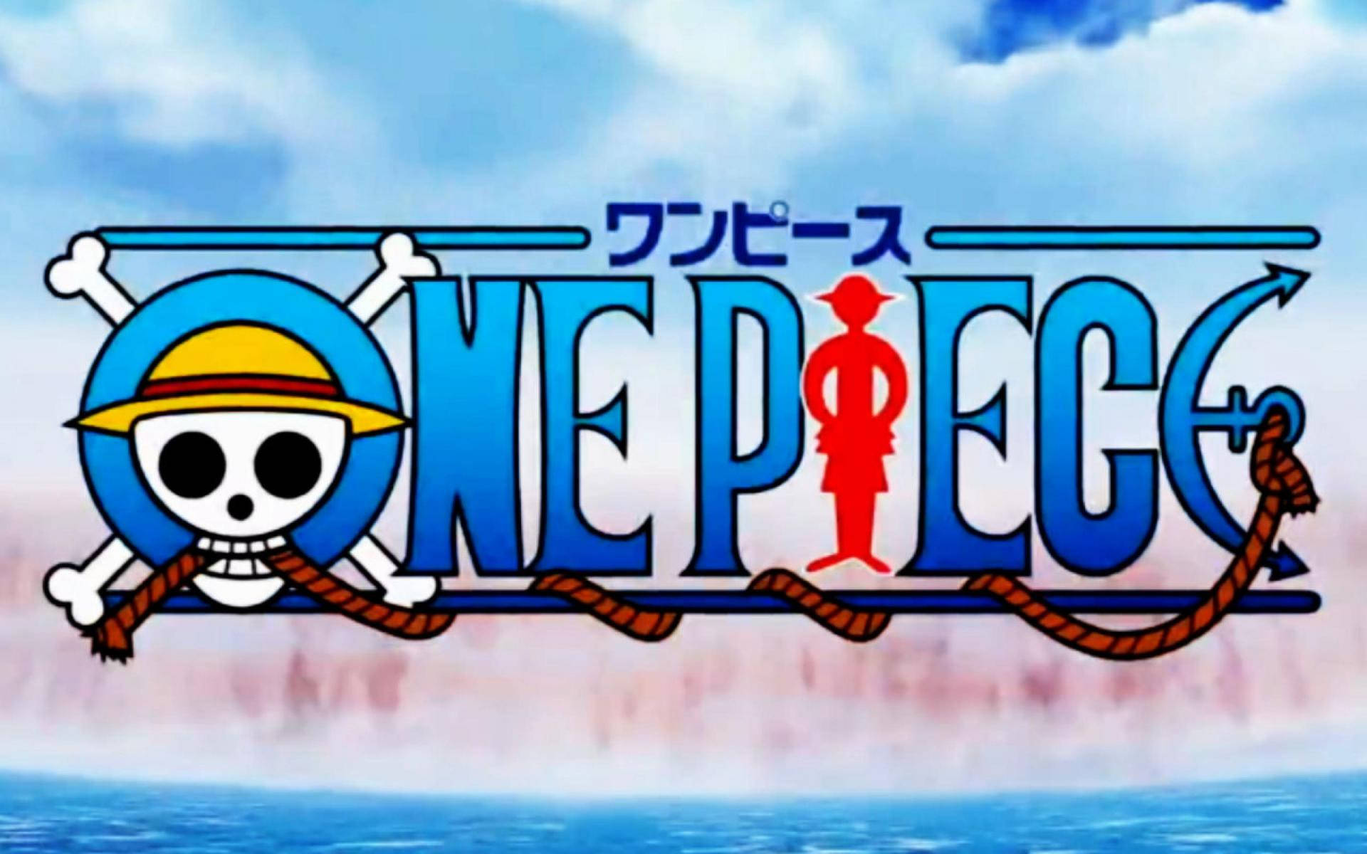 海賊王 4K 桌布 壁紙 — One Piece 標誌，有一個戴草帽的骷髏頭和一個海盜的紅色剪影，背景是藍天和海洋。