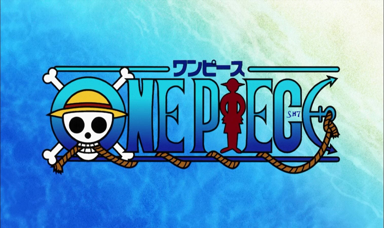 One Piece Logo 桌布 壁紙 — One Piece 標誌以藍色水背景上的骷髏頭戴草帽，配有骨頭和繩索為特色。