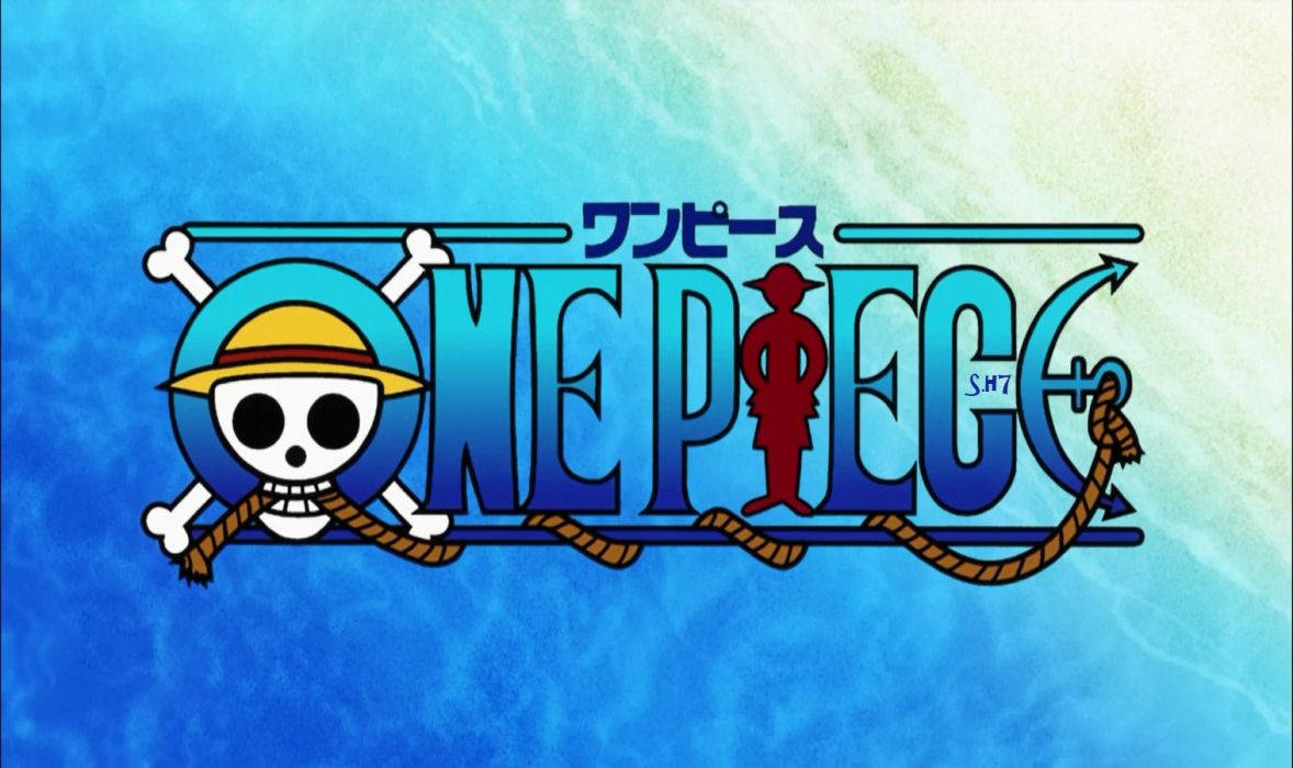 海賊王 藍色 桌布 壁紙 — One Piece 標誌以藍色水底背景上的骷髏頭戴草帽，配有骨頭和繩索為特色。